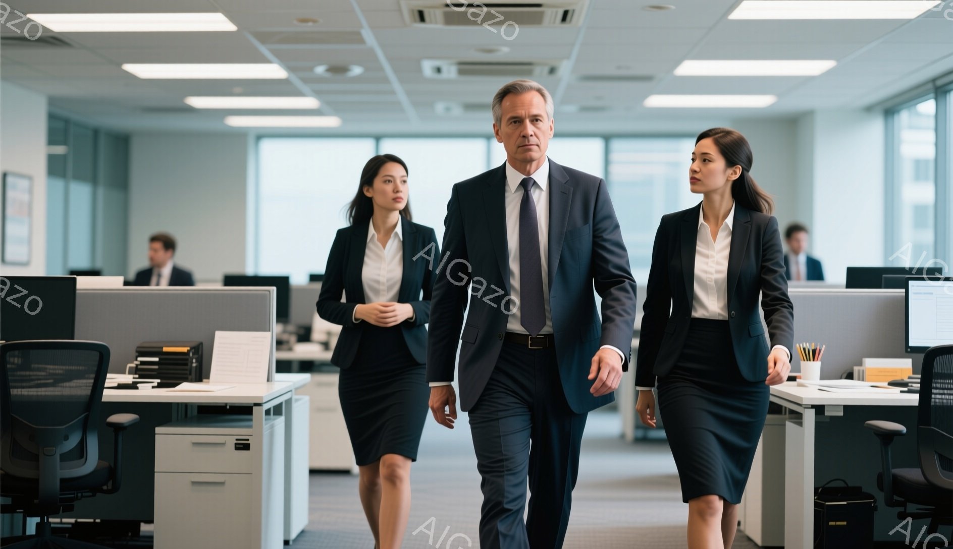 画像には、オフィスを歩く男性と2人の女性が写っている。男性は濃い紺色のスーツにネクタイで、自信に満ちた表情で前を見ている。2人の女性は黒いスーツジャケットとスカートを着用し、同じように前を見て歩いており、オフィスは明るく、モダンで、他の従業員も背景に見える。