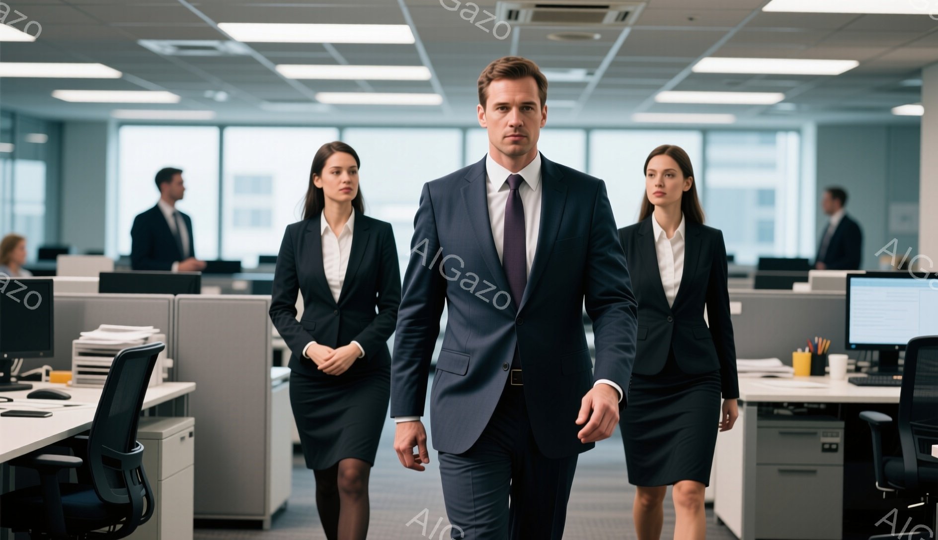 画像には、スーツを着た男性と2人の女性が写っている。男性は紺色のスーツ、紫色のネクタイ、黒い靴を履いており、自信に満ちた表情で正面を見つめている。女性たちは黒いスーツと白いブラウスを着ており、男性の左右に立って同じ方向を見つめている。