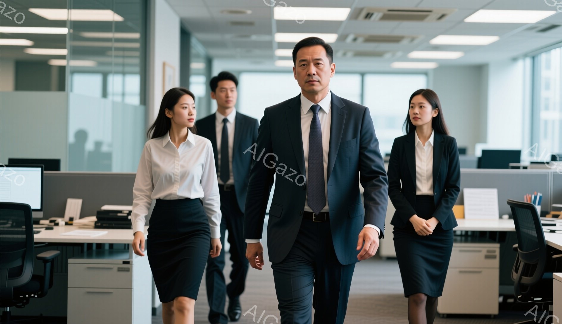 オフィス内で、男性と2人の女性が歩いている。男性は黒のスーツにネクタイ、女性たちは白または黒のブラウスに黒のスカートを着用し、ビジネスシーンにふさわしい服装をしている。背景にはオフィス家具が並び、全体的に落ち着いた雰囲気で、プロフェッショナルな職場環境がうかがえる。