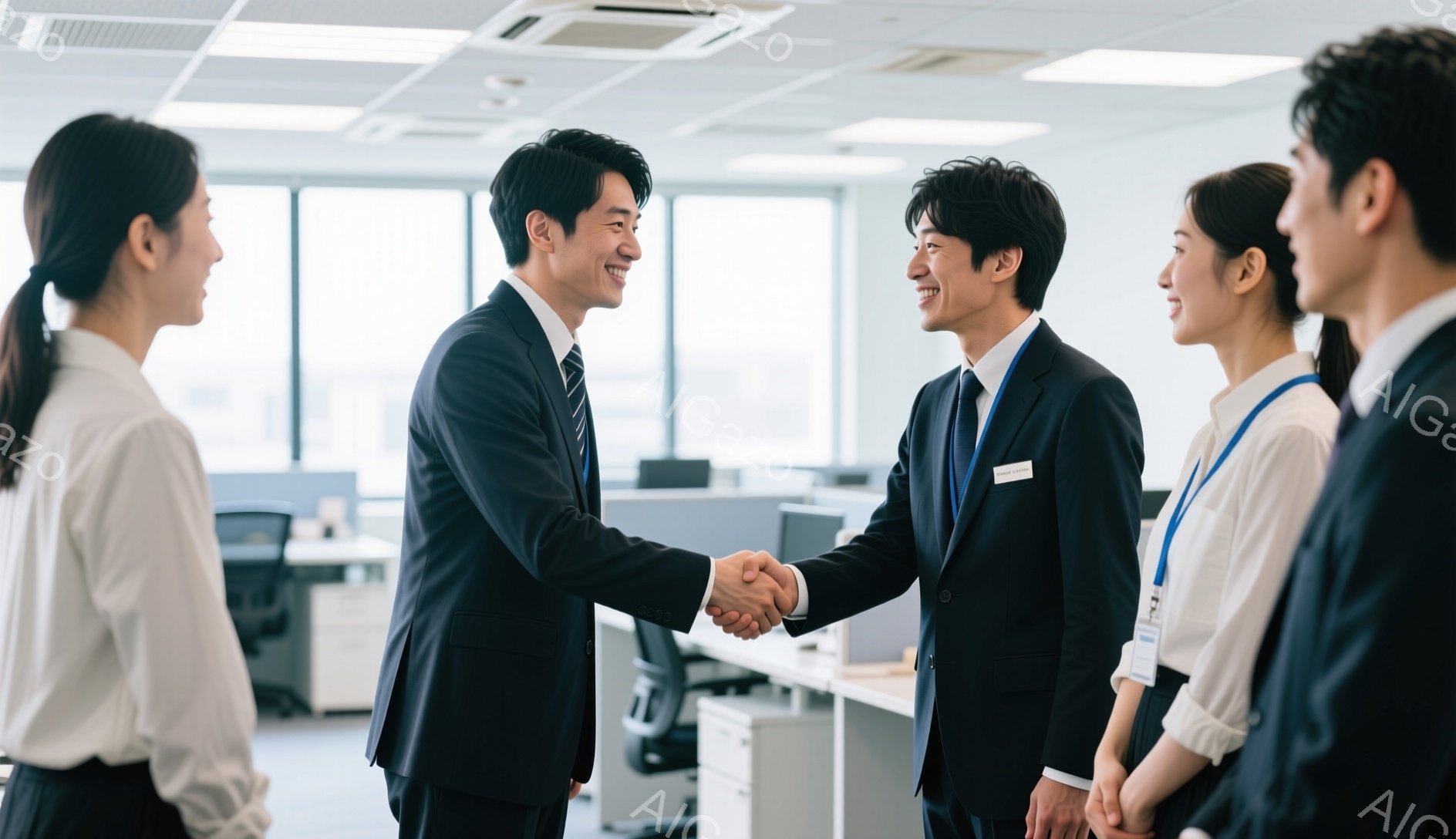 室内で、二人のビジネスマンが握手をしています。彼らはどちらもスーツを着ており、笑顔で互いに向き合っています。背景にはオフィスがあり、他の従業員が立っているのが見えます。
