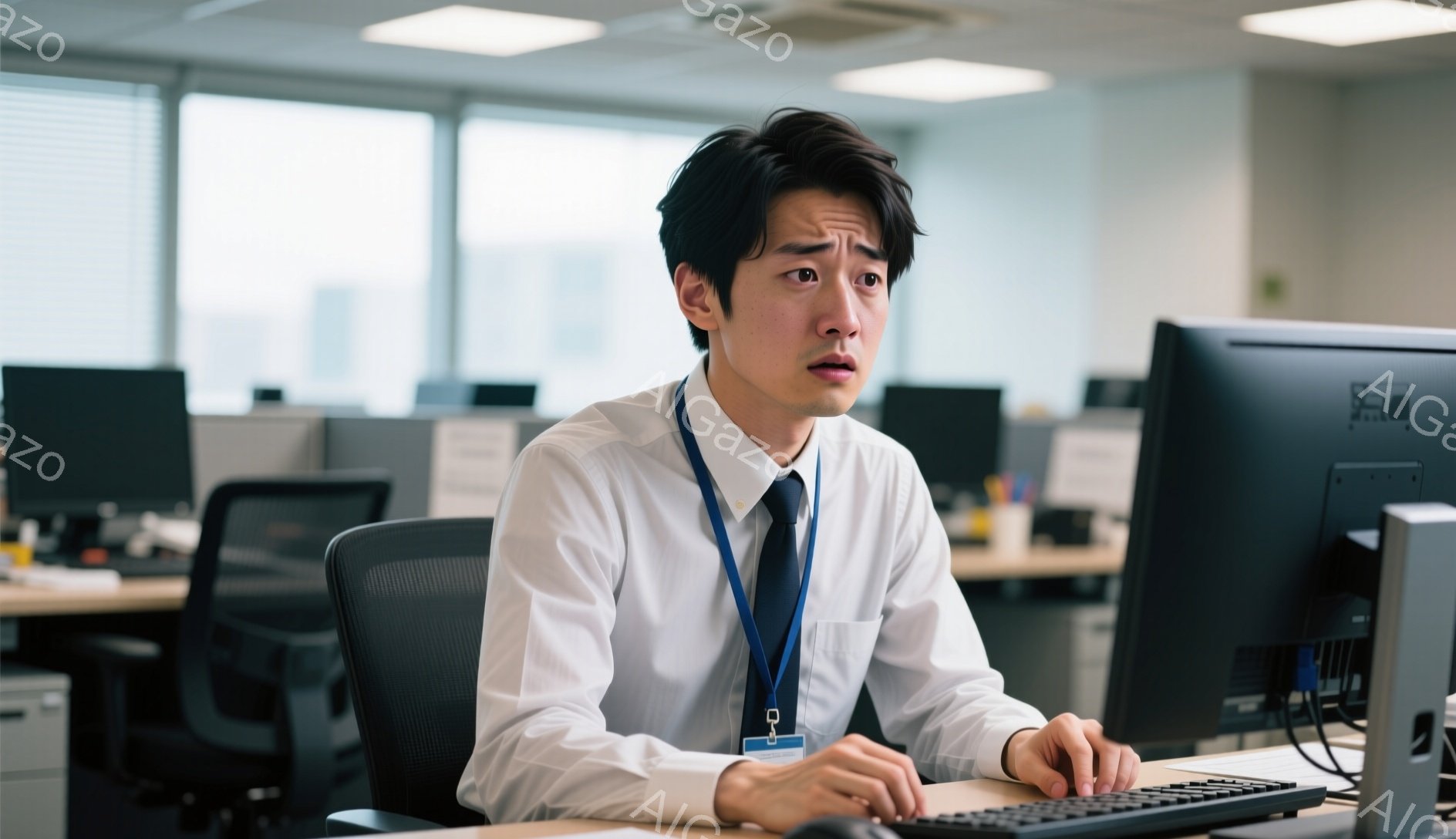 白いシャツに濃い青のネクタイを締めた男性が、オフィスでパソコンに向かっている。彼は少し驚いたような表情で、片方の眉を上げ、顔をしかめているように見える。背景には他のオフィスワーカーやデスクが並び、明るく整然としたオフィス環境がうかがえる。
