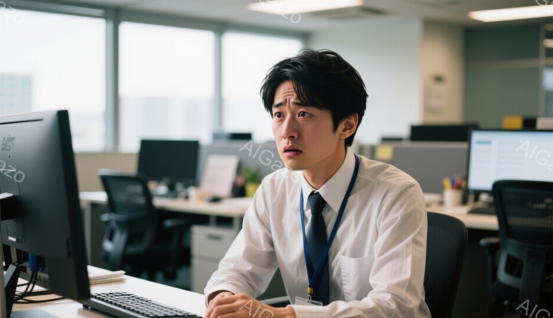 スーツ姿の若い男性が、オフィスでパソコンに向かっています。彼は困惑した表情で、眉をひそめ、少し口を開けています。背景には他のオフィスワーカーやデスク、そして窓の外には高層ビルが見え、現代的なオフィス環境であることがわかります。