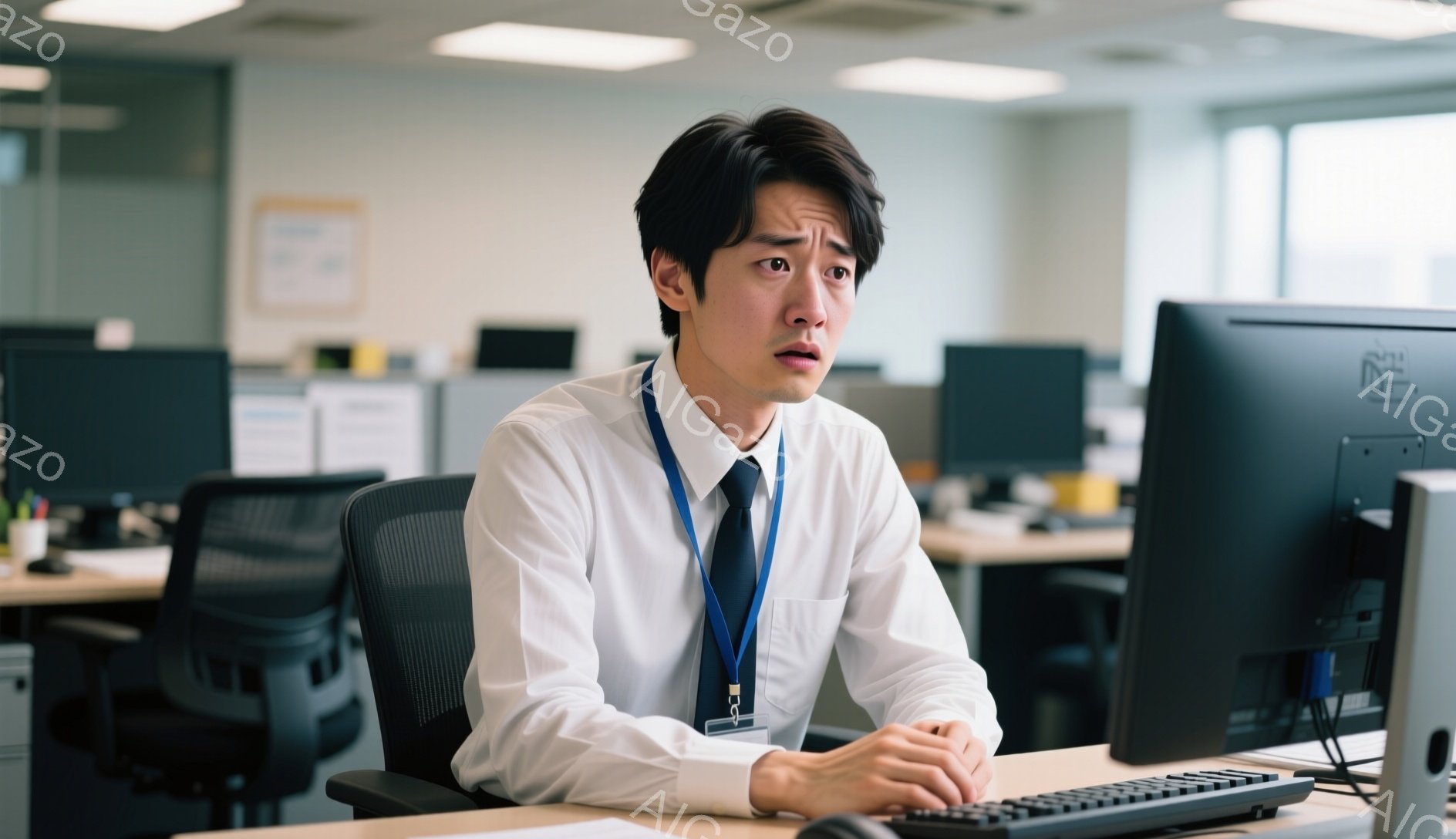 白いシャツにネクタイ、そして身につけたIDカードが特徴的な男性が、オフィスでパソコンに向かっています。彼は驚いた表情で、片方の手を口元に当てています。背景には他のオフィスワーカーやデスクが見え、全体的に清潔感のある、活気のないオフィス空間です。