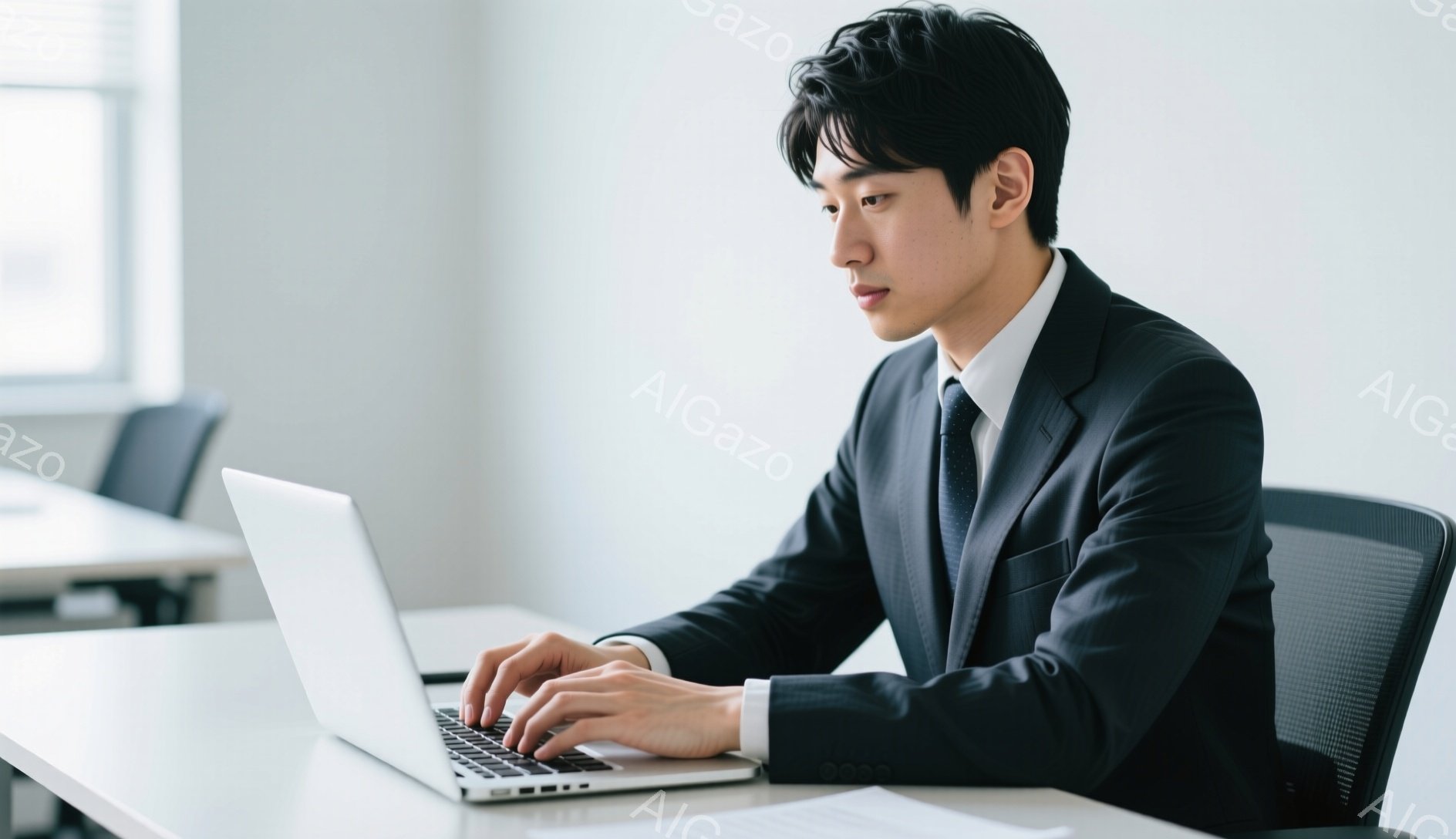 スーツとネクタイを着用した若い男性が、明るい室内でノートパソコンを操作している。彼は少し前かがみの姿勢でキーボードを見つめ、真剣な表情をしている。背景には他の机や椅子が見え、オフィスや書斎のような雰囲気だ。