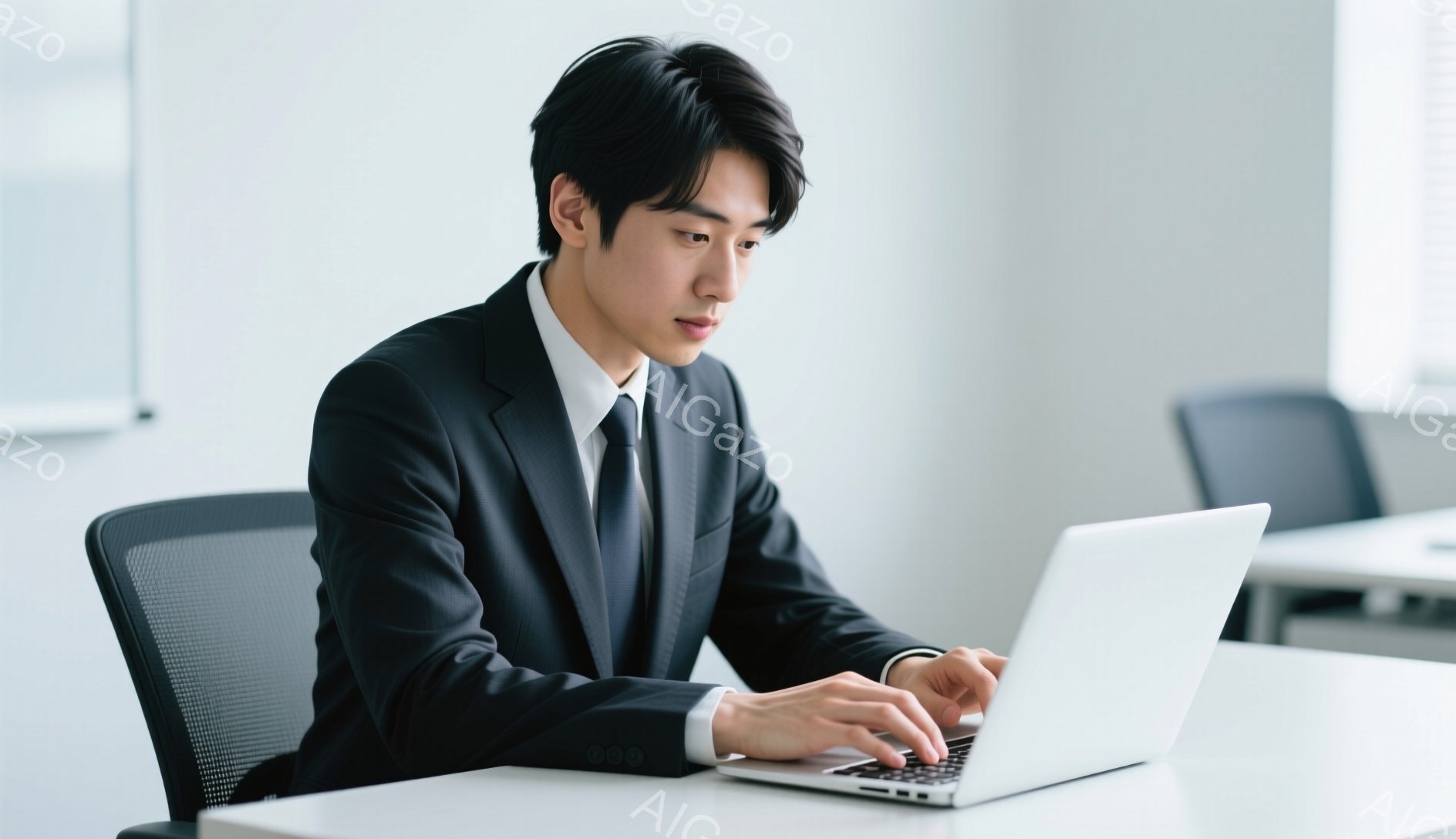 若い男性がスーツとネクタイ姿で、オフィスでノートパソコンを操作している。彼は真剣な表情でキーボードを見つめ、やや前かがみの姿勢で集中して作業に取り組んでいる。背景は白を基調としたシンプルなオフィスで、他の机や椅子が見え、全体的に落ち着いた雰囲気である。