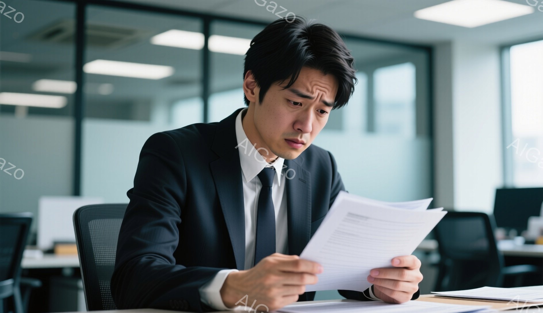 スーツとネクタイを着用した男性が、書類を真剣な表情で読んでいます。彼はやや眉間にしわを寄せ、集中している様子が伺えます。背景はオフィスで、他の机や椅子が見え、全体的に落ち着いた雰囲気です。