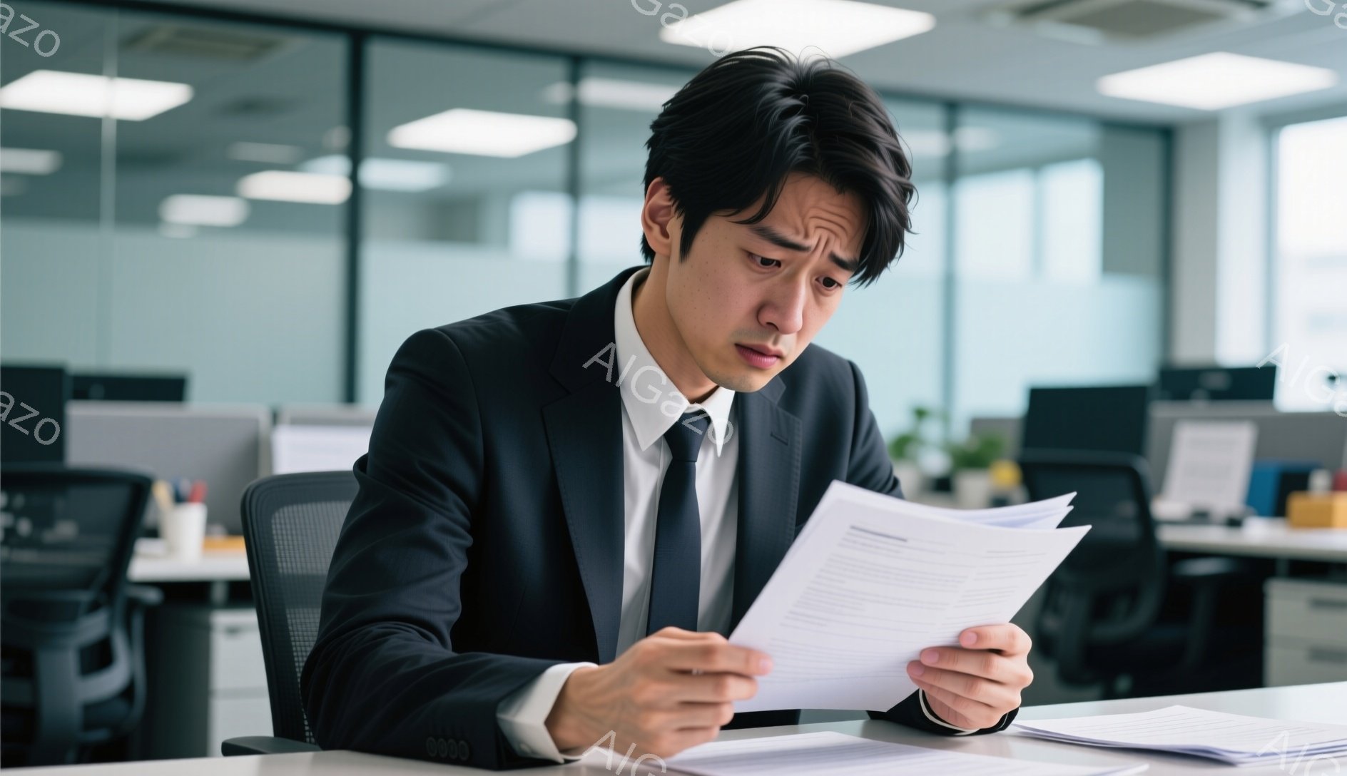 スーツにネクタイを締めた若い男性が、書類を真剣な面持ちで読んでいます。彼は少し眉間にしわを寄せ、懸念や集中を表しています。背景はオフィスで、他のデスクやコンピューターが見え、全体的にプロフェッショナルで落ち着いた雰囲気です。