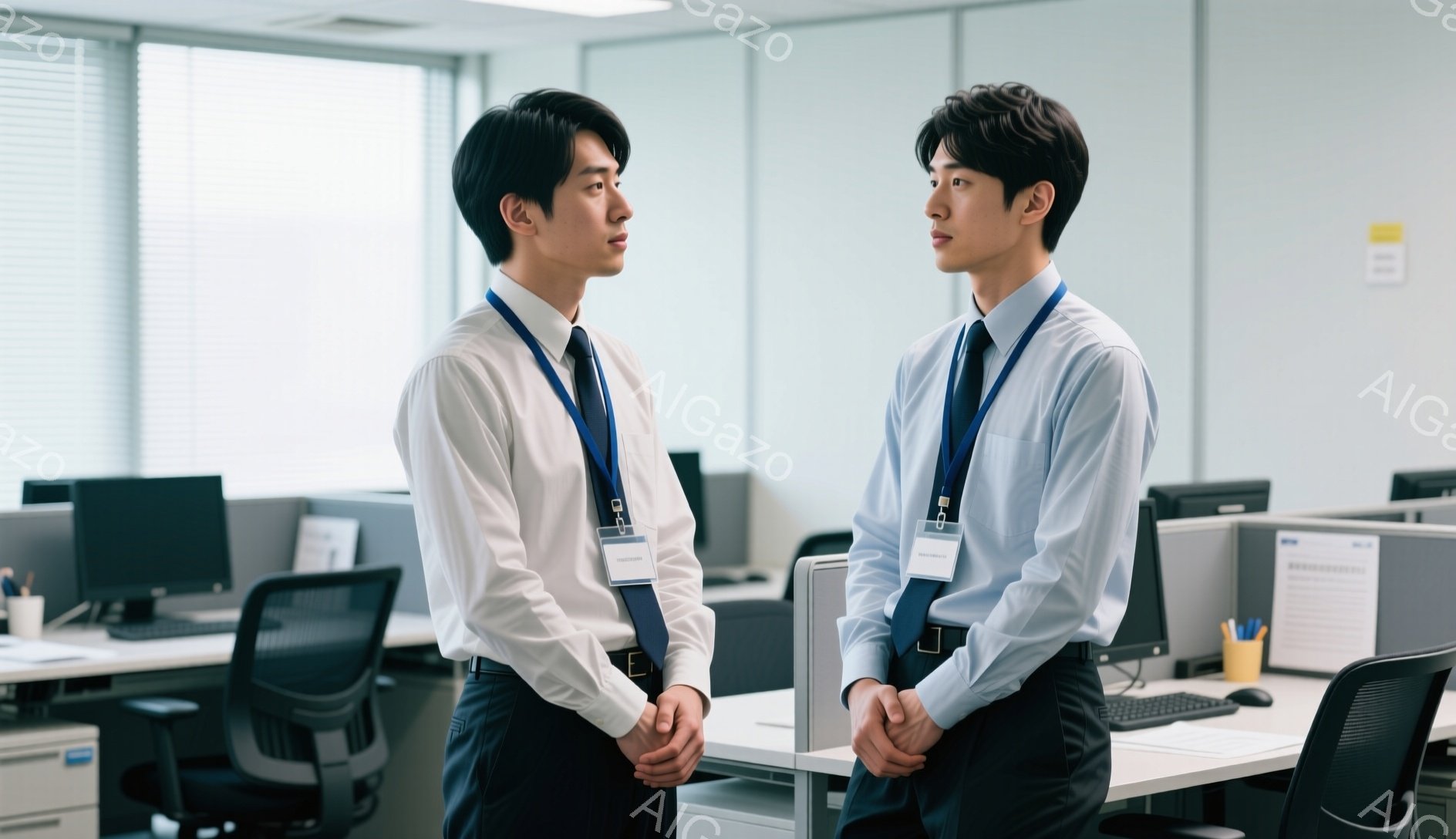 二人の若い男性がオフィスで向き合って立っています。どちらも白いシャツにネクタイ、黒いズボンを着用し、身につけたIDカードが社員であることを示唆しています。背景にはオフィスデスクやコンピューターが並び、全体的に静かで落ち着いた雰囲気が漂っています。