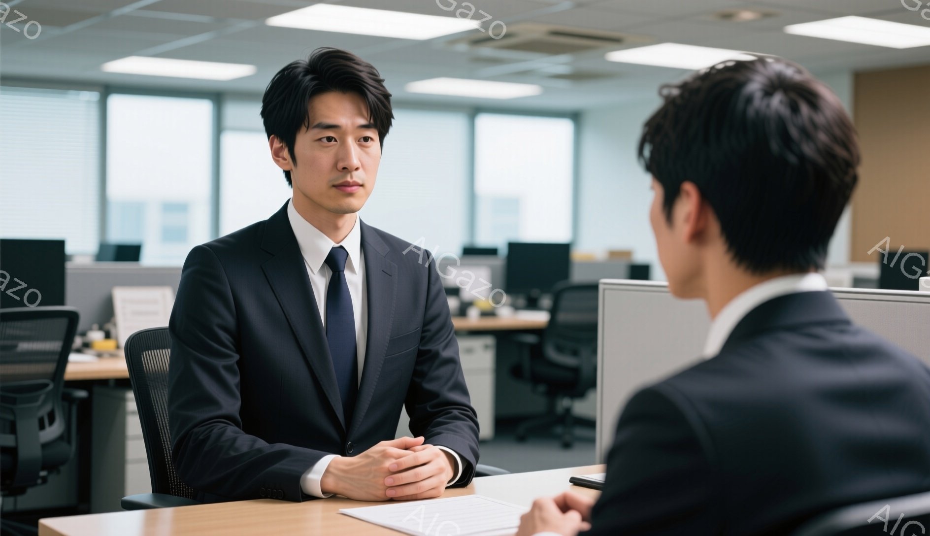 スーツを着た若い男性がオフィスで面接を受けている様子が写っている。彼は黒いスーツに青いネクタイを締め、髪は短く整えられ、落ち着いた表情で相手を見つめている。背景には他の社員が働くオフィス空間が広がり、全体的に真剣でプロフェッショナルな雰囲気が漂っている。