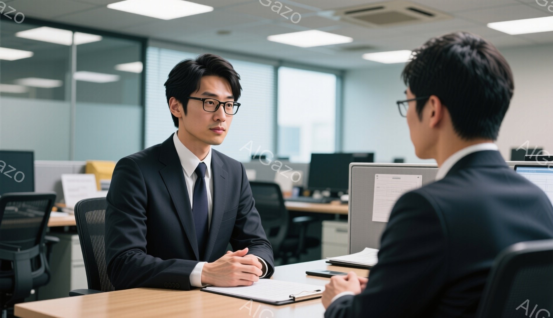 この画像には、オフィスで対面している二人のビジネスマンが写っています。彼らはどちらもスーツとネクタイを着用しており、黒縁のメガネをかけています。二人は机を挟んで座っており、会話に集中している様子で、真剣な表情をしています。