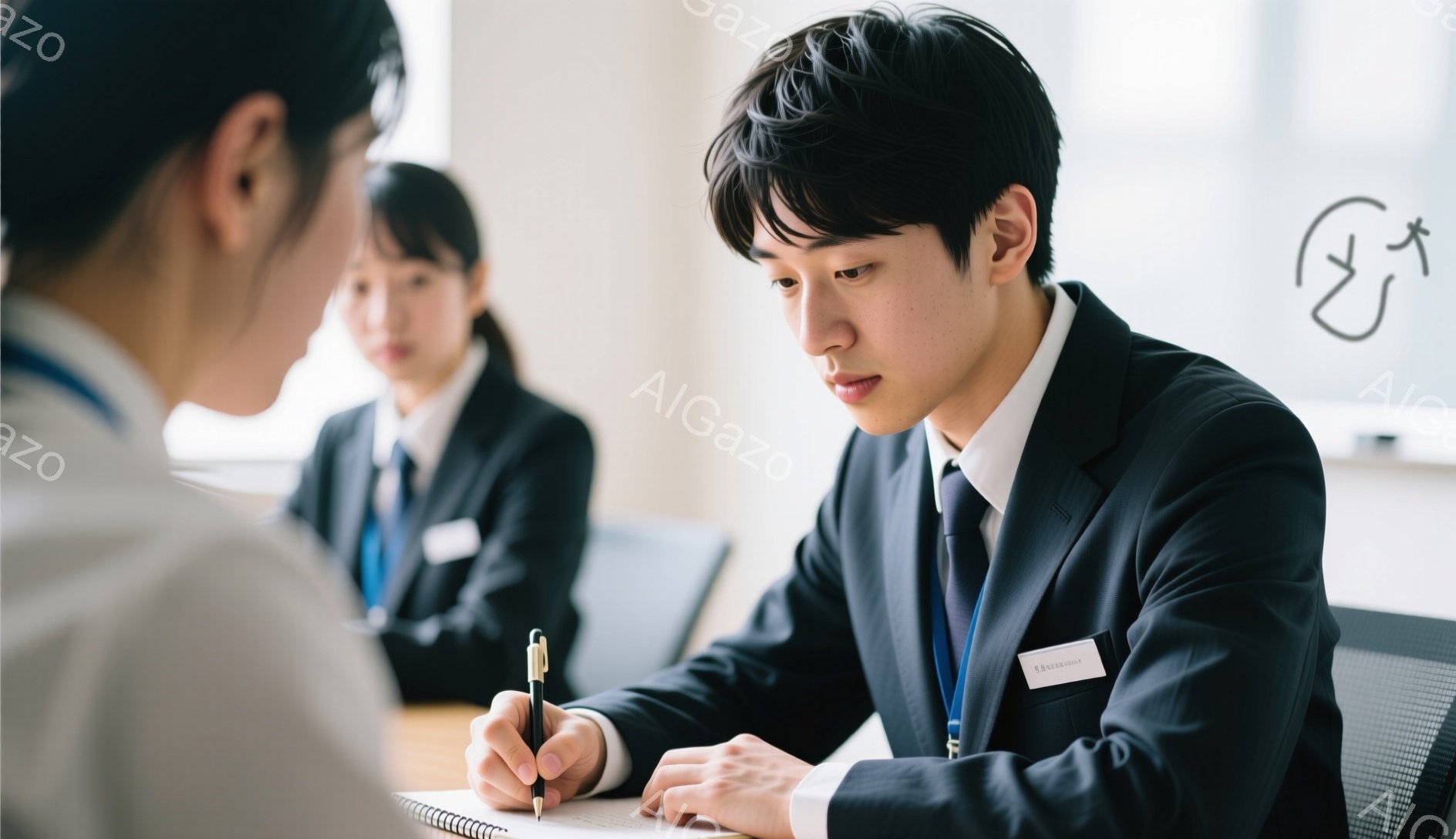 若者はスーツを着て、真剣な表情でノートに何かを書き込んでいる。背景には、制服を着た若い女性がぼやけており、会議室のような明るい室内であることがわかる。全体的に、ビジネスシーンや面接の場面を捉えた写真で、真剣さと集中感が伝わってくる。