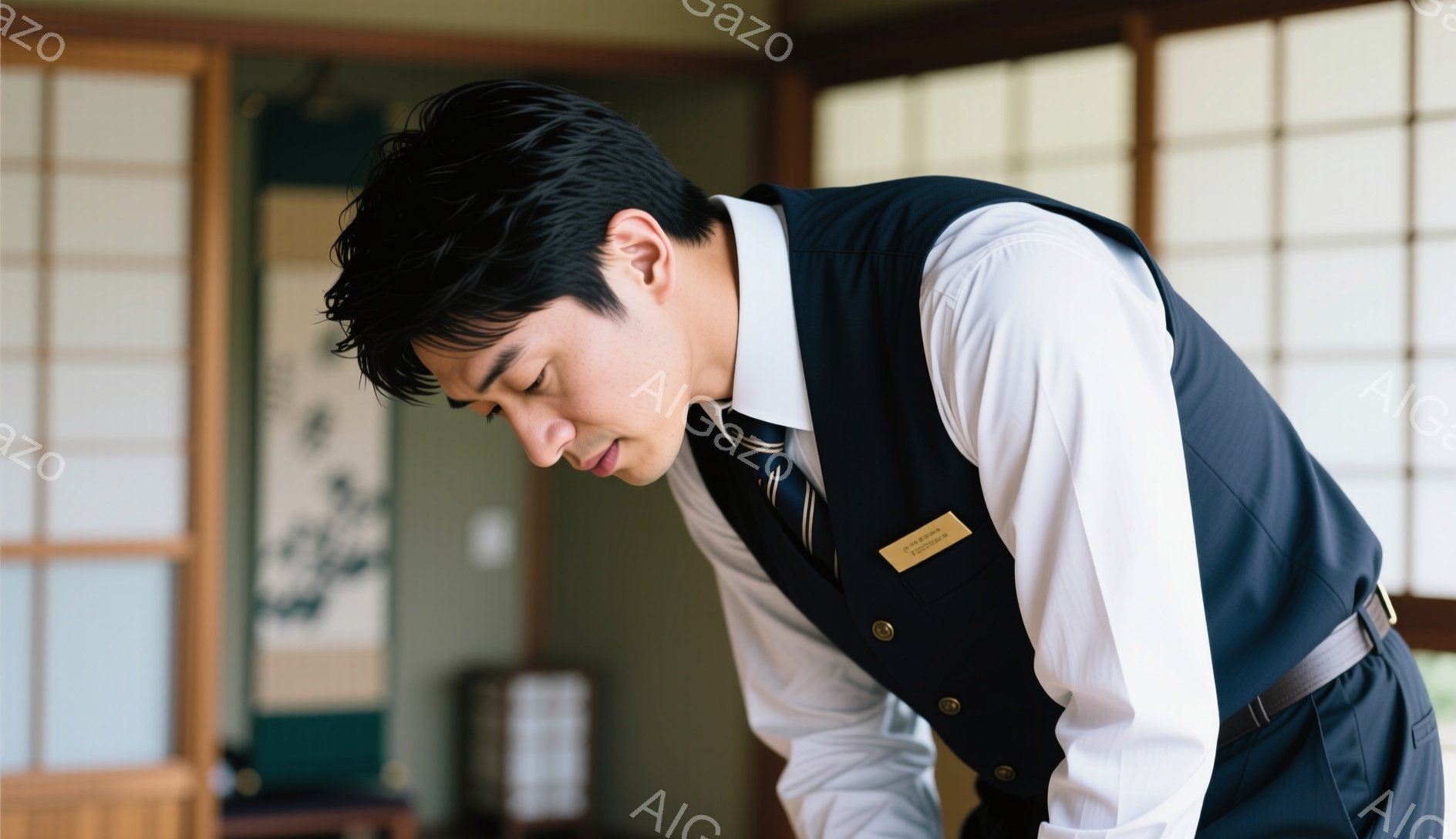 若い男性が紺色のベスト、白いシャツ、ネクタイ、グレーのズボンを着用し、丁寧に頭を下げています。彼は胸に名前札をつけており、控えめで礼儀正しい姿勢が印象的です。背景には障子や木製の家具が見え、落ち着いた和風の雰囲気が漂っています。