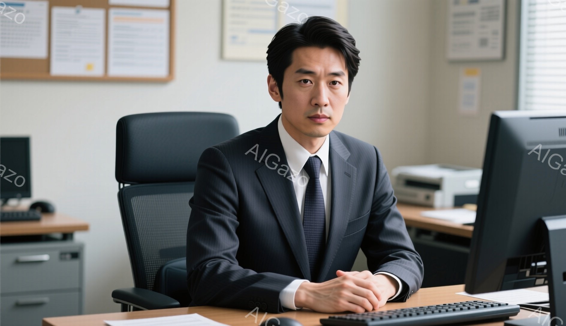 スーツを着たアジア人男性が、オフィスで椅子に座って正面を見ている。彼の表情は落ち着いており、腕は机の上に組み合わされている。背景にはキャビネット、プリンター、そして掲示板が見え、全体的にビジネスライク - AI生成フリー素材