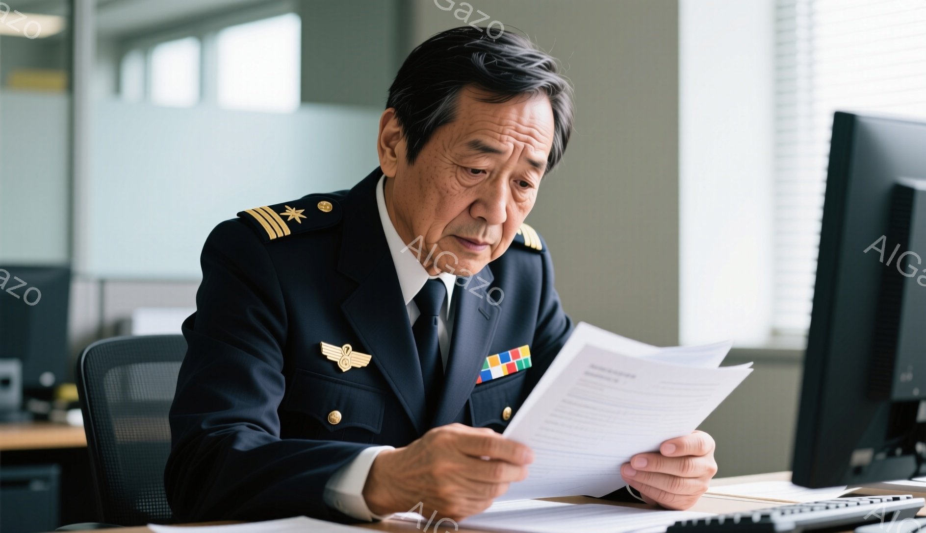 画像には、紺色の制服を着た高齢の男性が写っており、肩には金色の肩章がついています。彼は書類を注意深く読んでおり、眉間に皺を寄せ、真剣な表情を浮かべています。背景はオフィスの一室で、コンピュータや事務用品が見え、全体的に落ち着いた雰囲気です。