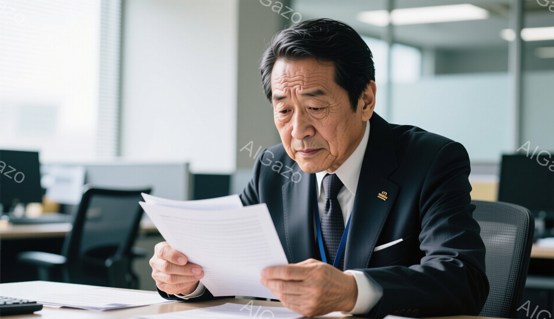 白髪交じりの髪型で、黒いスーツとネクタイを身に着けた年配の男性が、書類を注意深く読んでいます。彼はやや前かがみの姿勢で、集中した表情を浮かべており、左手には筆記用具が置かれています。背景にはオフィスらしき空間が広がり、他の机と椅子が見えますが、全体的に落ち着いた雰囲気です。