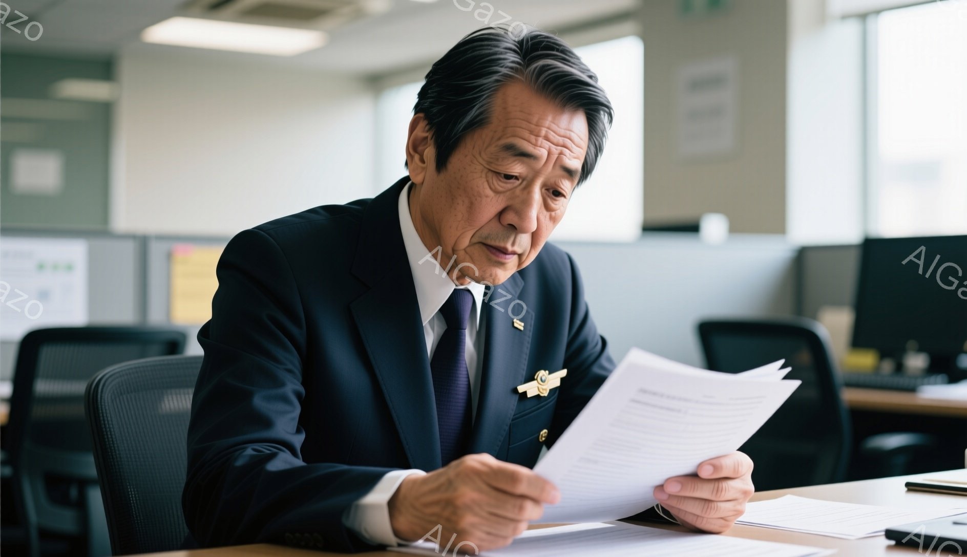 年配の男性が紺色のスーツにネクタイ姿で、書類を読んでいます。彼は少し眉間にしわを寄せ、真剣な表情で書類に集中しており、姿勢はやや前かがみです。背景にはオフィスが広がっており、他の机や椅子が見え、全体的に落ち着いた雰囲気が漂っています。