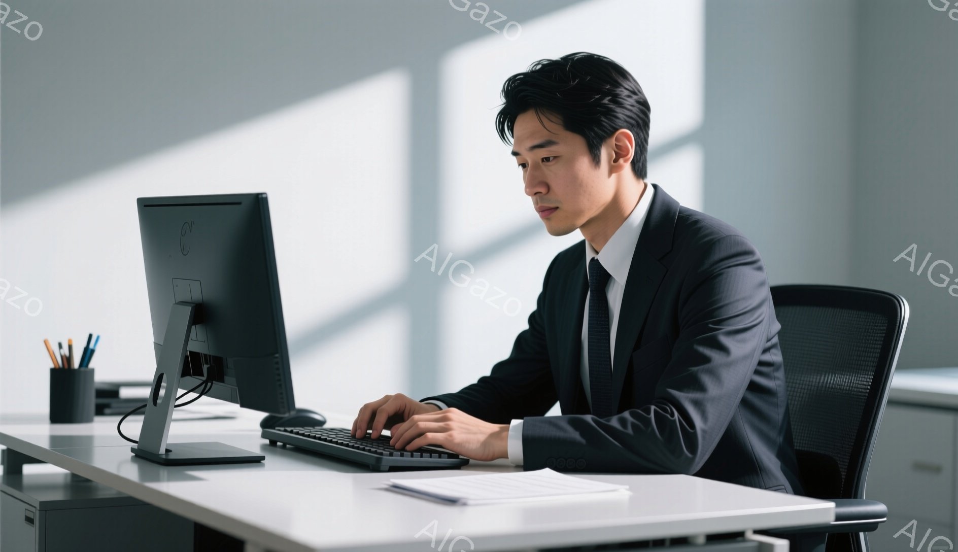 紺色のスーツにネクタイを締め、短く整えられた黒髪の男性がパソコンに向かっている。彼は集中した表情でキーボードを操作し、姿勢は正しく、オフィスチェアに座っている。背景には白いデスクと引き出し、そしてペン立てが見え、全体的に落ち着いた雰囲気のオフィス空間である。