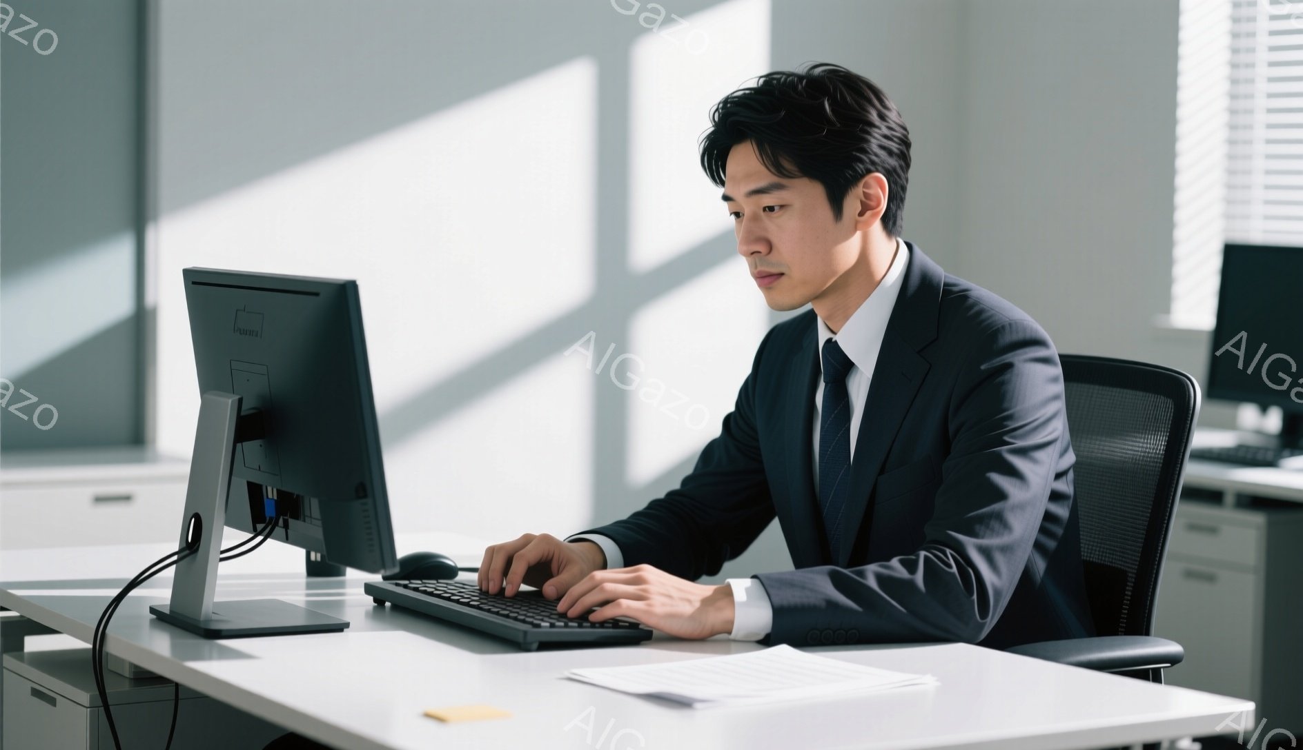スーツを着た男性が、オフィスでコンピューターに向かってキーボードを操作している。彼は黒髪で、やや真剣な表情をしており、姿勢はまっすぐで仕事に集中している様子が伺える。背景は白を基調としたオフィスで、シンプルで清潔感のある空間が広がっている。