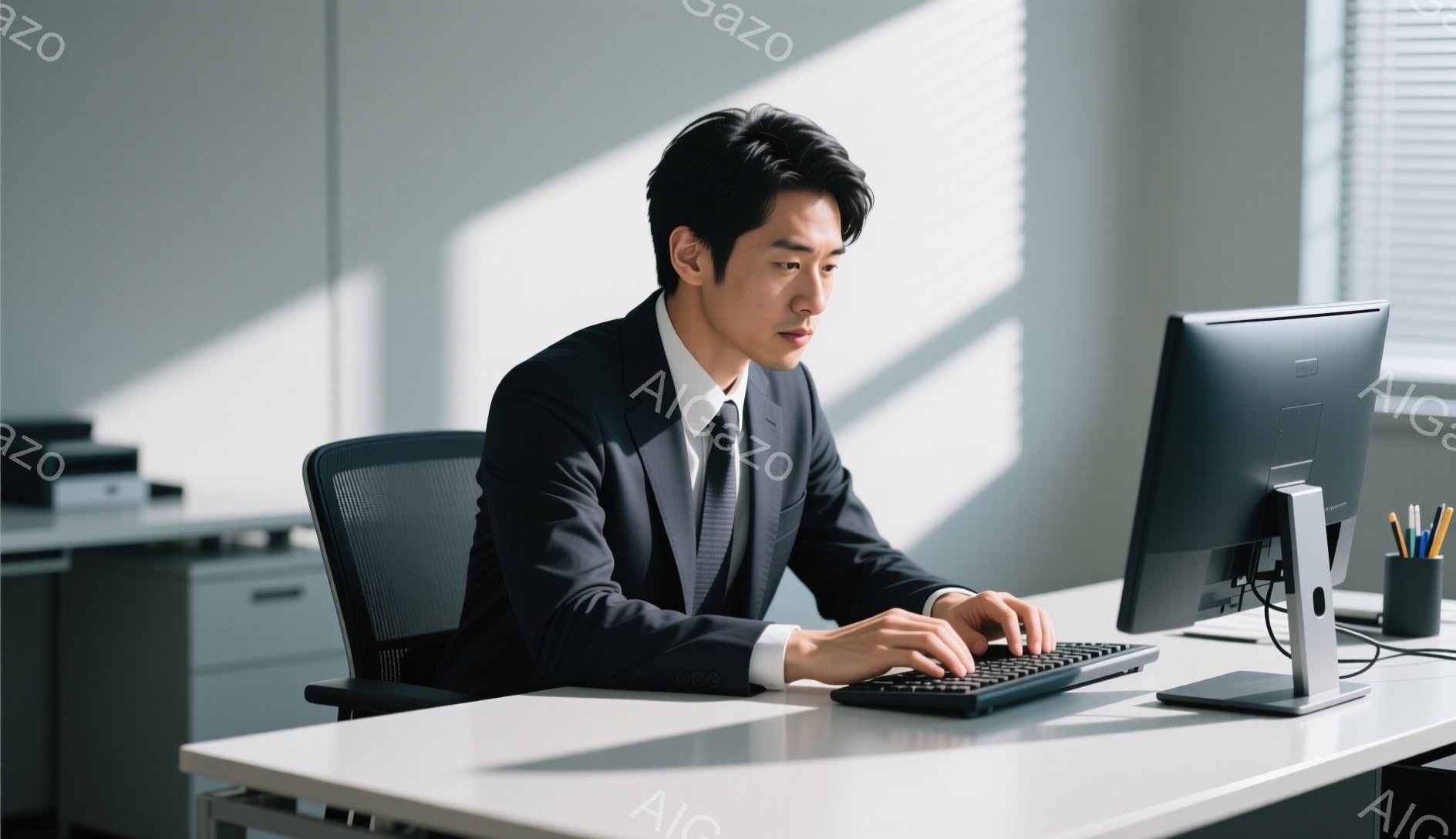 スーツに身を包んだ男性が、オフィスでパソコンに向かって作業をしている様子が写っている。彼は黒髪をきっちりと整え、真剣な表情でキーボードを操作しており、姿勢も端正だ。背景には白いデスクやオフィス家具が見え、明るい自然光が差し込んでおり、全体的に落ち着いた雰囲気である。
