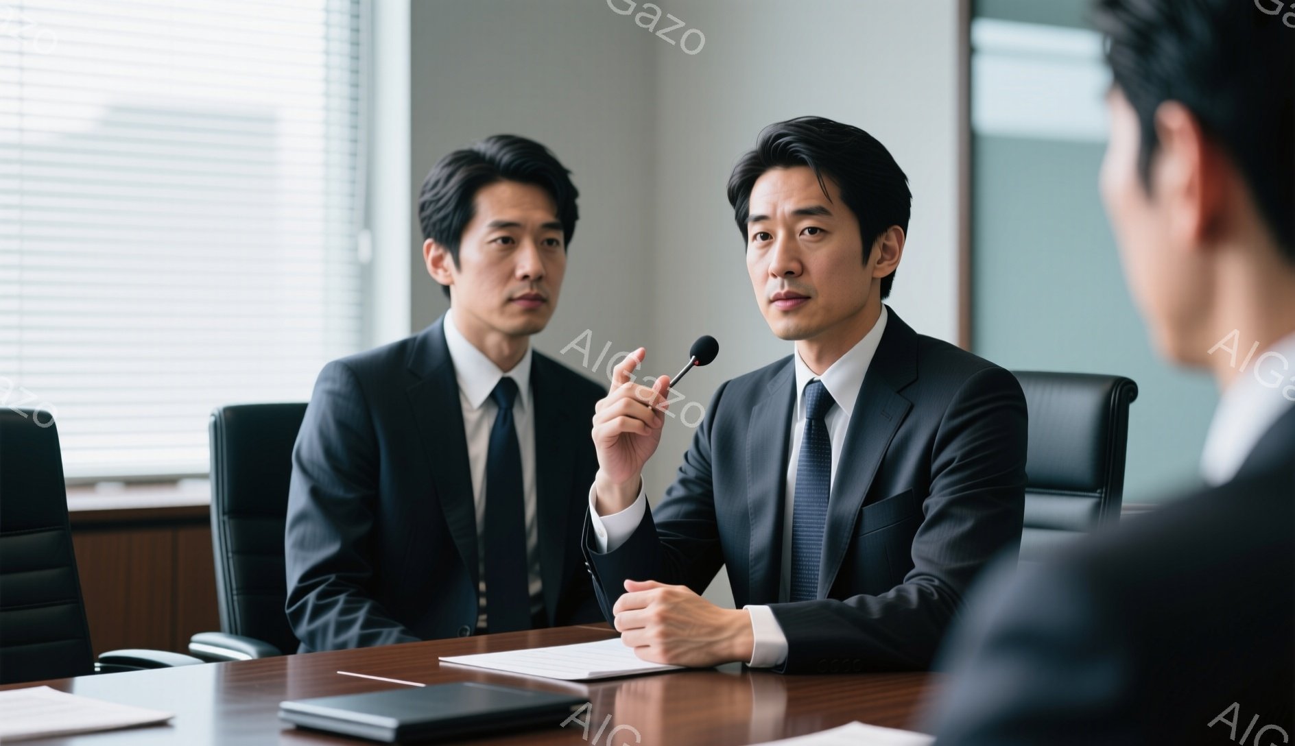 スーツを着た二人の男性が会議室のテーブルを挟んで座っています。手前の男性は黒いジャケットを着ており、片手を挙げて何かを説明しているようなジェスチャーをしています。背後の男性はやや固い表情で、背景にはブラインドが降ろされた窓が見え、全体的にビジネスライクで落ち着いた雰囲気です。