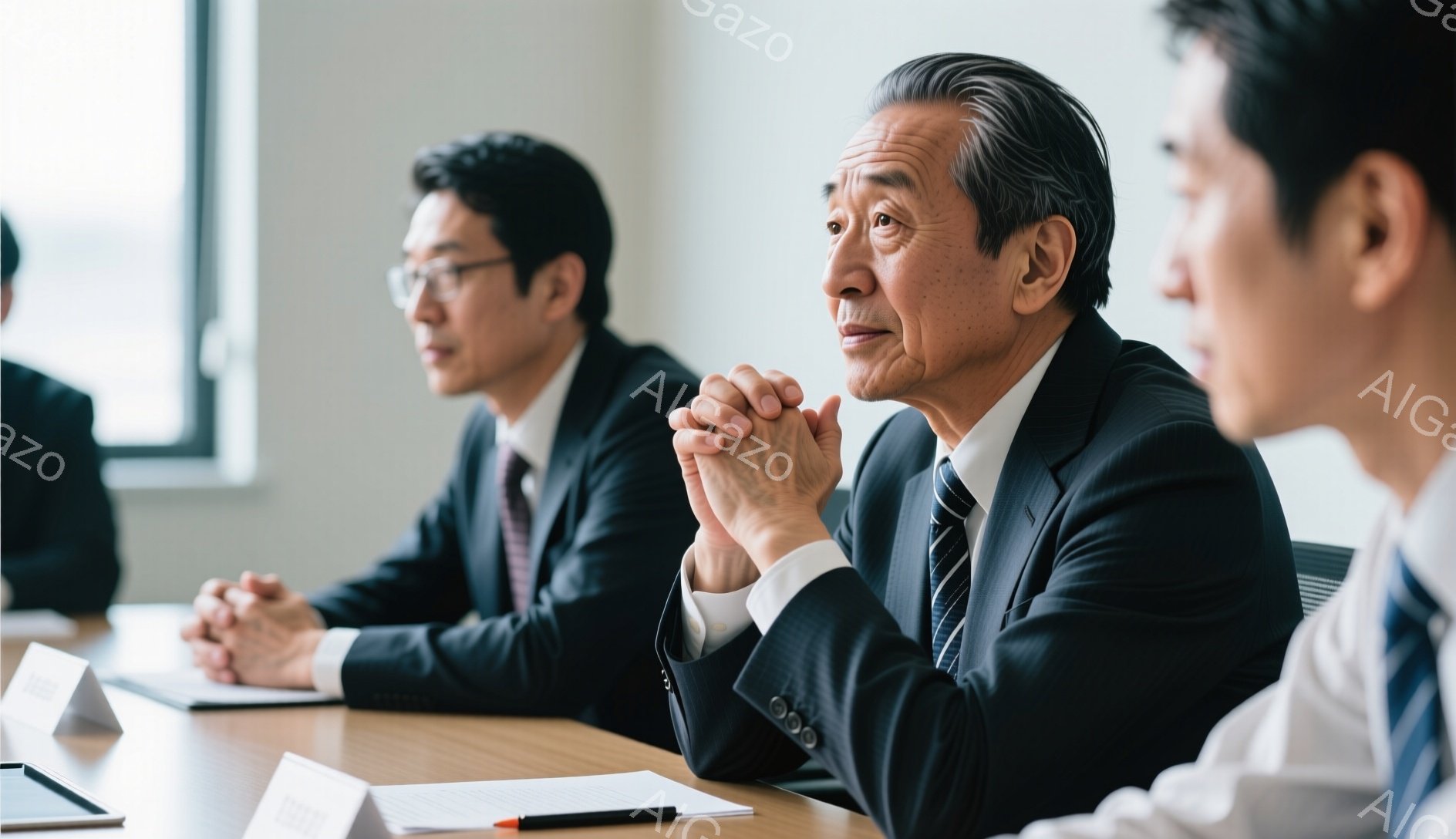 3人のビジネスマンが会議テーブルを囲んで座っており、全員がスーツとネクタイを着用しています。中央の男性はやや年配で、手を組んで少し緊張した表情を浮かべています。背景は薄暗い会議室で、窓から自然光が差し込み、全体的に落ち着いた雰囲気です。