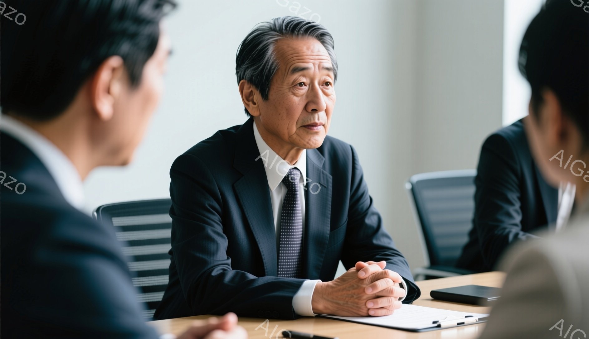 画像は会議室で、年配の男性がスーツとネクタイ姿で、両手を組んで座っている様子を捉えています。彼の表情は穏やかで、何かを注意深く聞いているかのように見えます。背景には他の参加者とテーブル、そしてシンプルな内装の会議室が広がっており、全体的に落ち着いた雰囲気です。