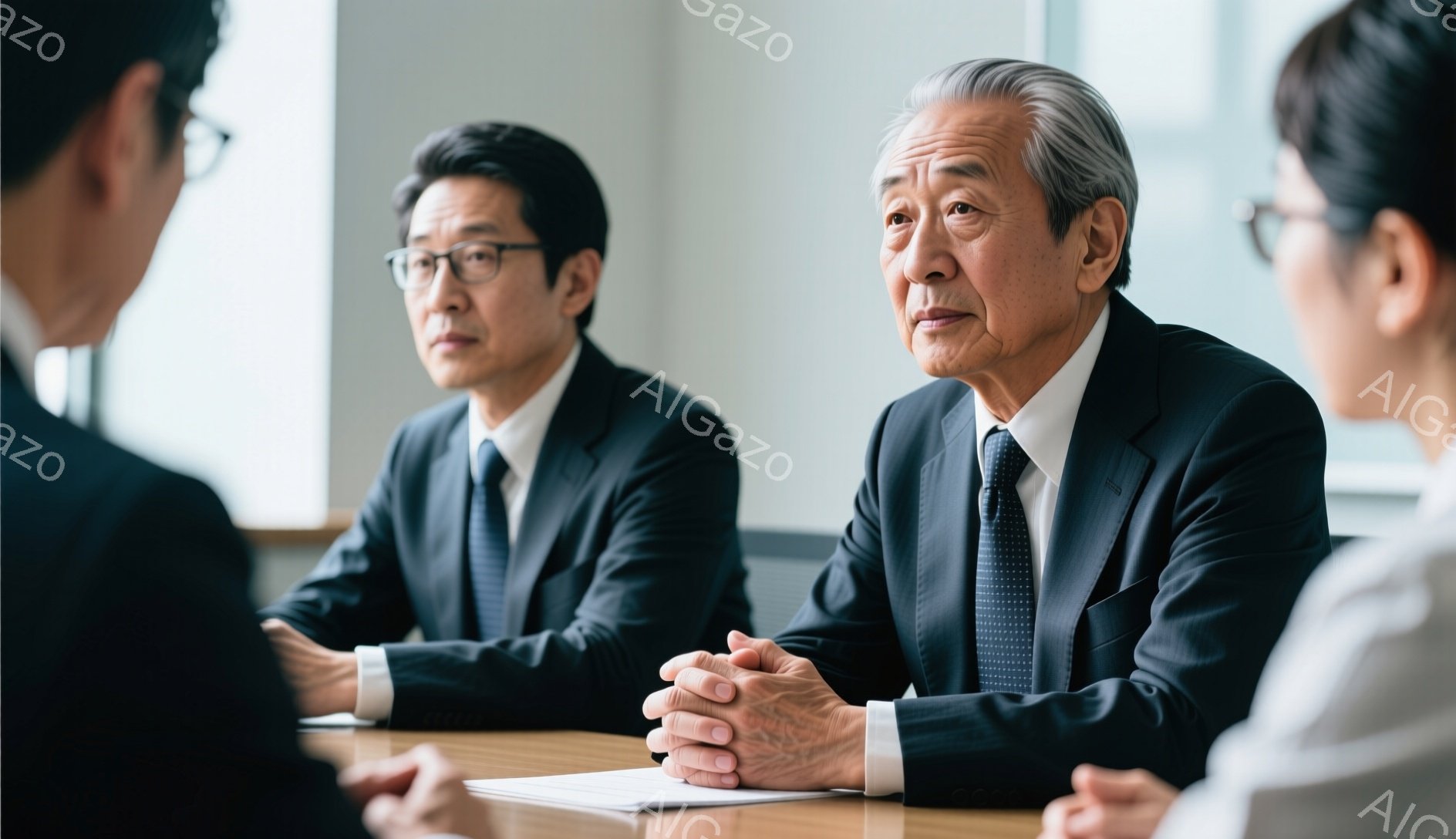 複数のビジネスマンが会議室でテーブルを囲んで座っており、中心にいる年配の男性は紺色のスーツにネクタイを締め、両手を組んで真剣な表情で誰かに向かって話しているように見える。他の男性も同様にスーツ姿で、テーブルの上には書類が置かれ、全体的に落ち着いた雰囲気でビジネスシーンを表している。背景は明るい室内で、オフィスらしき空間が広がっている。