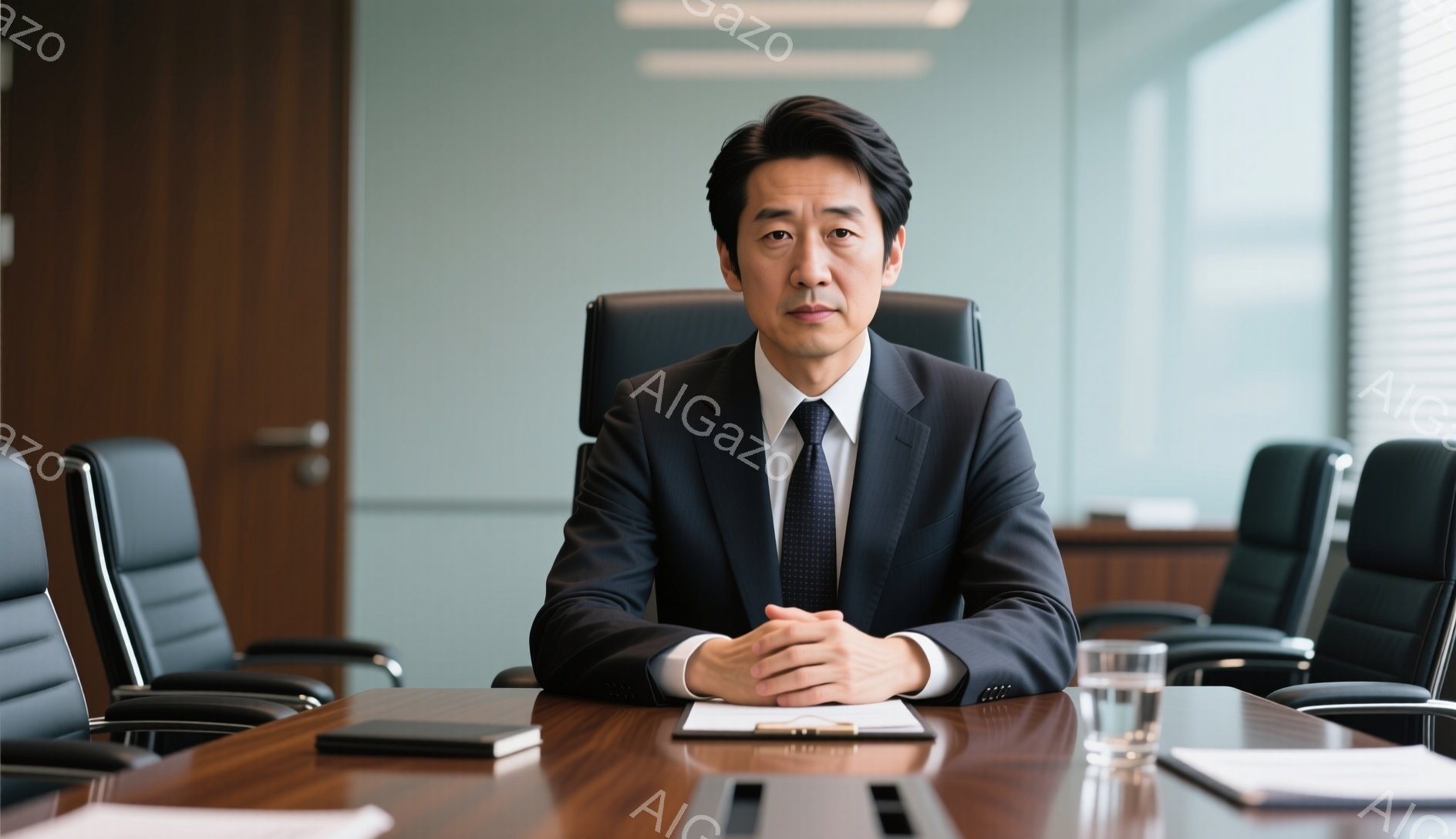 紺色のスーツにネクタイを締め、黒髪を後ろにとかした中年男性が写っている。彼は両手を重ねてテーブルに置き、落ち着いた表情で正面を見据えている。背景は会議室で、木製のテーブルと黒い椅子が並び、洗練された雰囲気が漂っている。