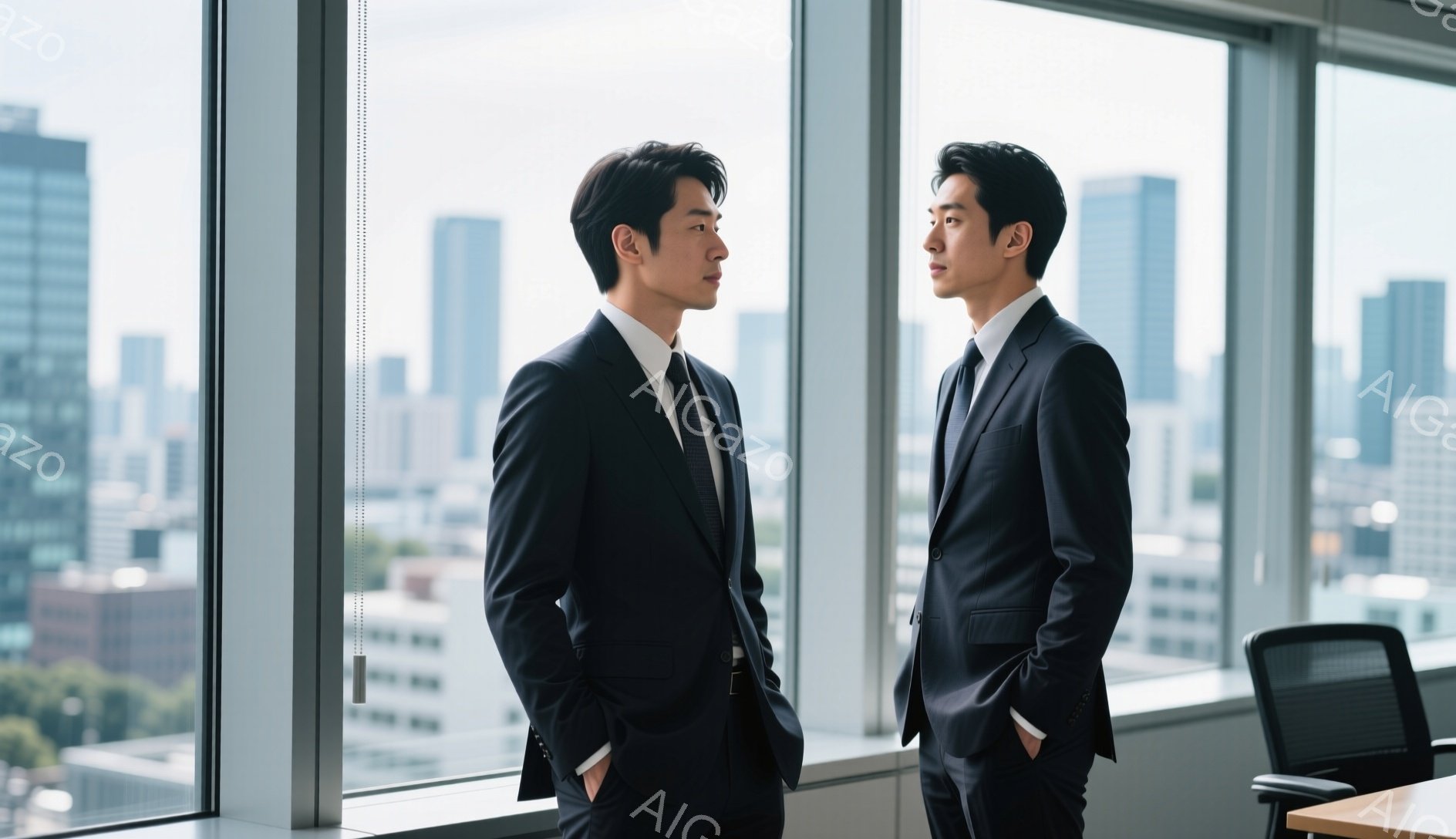 2人の男性が窓辺に立っており、どちらも黒いスーツと白いシャツ、黒いネクタイを着用しています。髪型は短く整えられており、顔は真剣な表情で、互いに少し離れて立っています。背景には高層ビル群が広がり、晴れた空がのぞき、オフィス内の片隅にある椅子の一部が見えます。