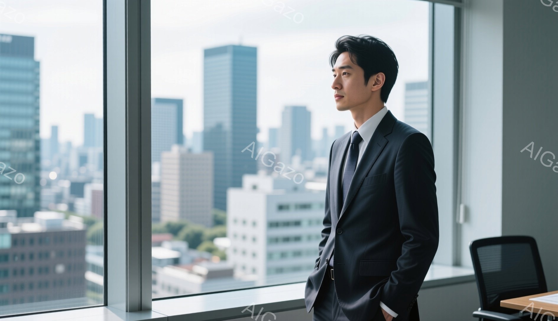 スタイリッシュな黒いスーツにネクタイを締めた男性が、高層ビルの窓辺に立っている。彼は少し横を向き、遠くを見つめるように考え込んでいる様子で、髪型は短く整えられている。背景には高層ビル群が広がり、天候は曇り空で、全体的に落ち着いた、思慮深い雰囲気を醸し出している。