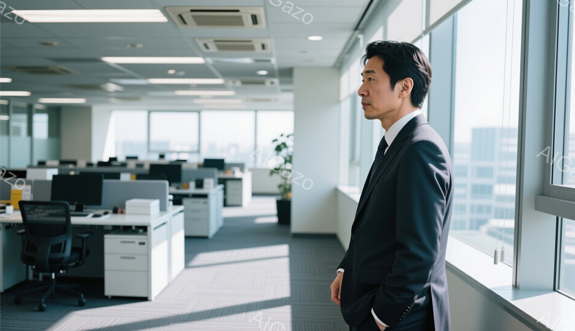 スーツを着た男性が窓際に立っており、遠くの景色を見つめている。彼の髪型は短髪で、表情はどこか物憂げで考え込んでいるようにも見える。背景はオフィスで、多くのデスクと椅子が並び、窓の外には高層ビル群が見える晴れた日の光景だ。