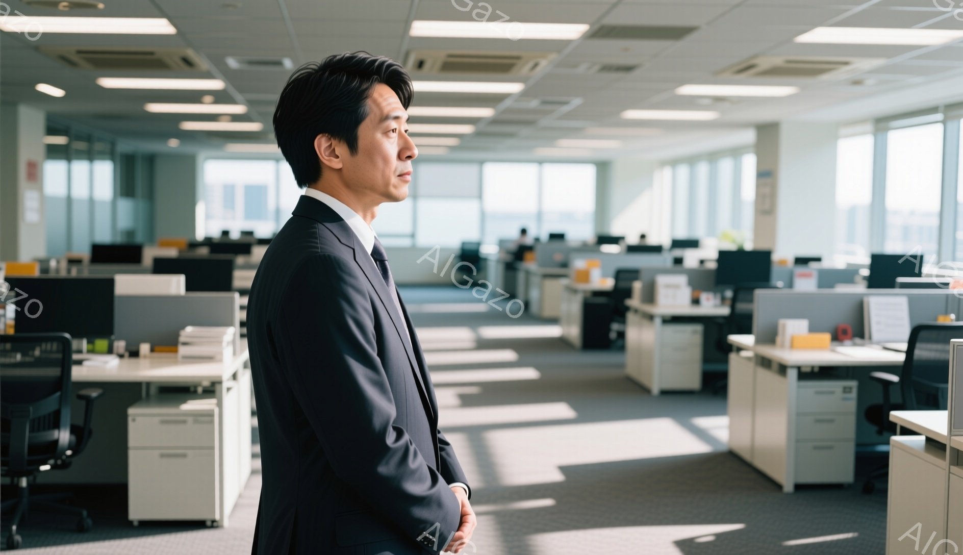 紺色のスーツを着た男性が、オフィスの中で横を向いて立っている。彼の髪型は短く整えられており、表情はどこか物憂げで遠くを見つめているようだ。オフィスは整然としており、多くのデスクとコンピューターが並び、大きな窓からは自然光が差し込んでいる。