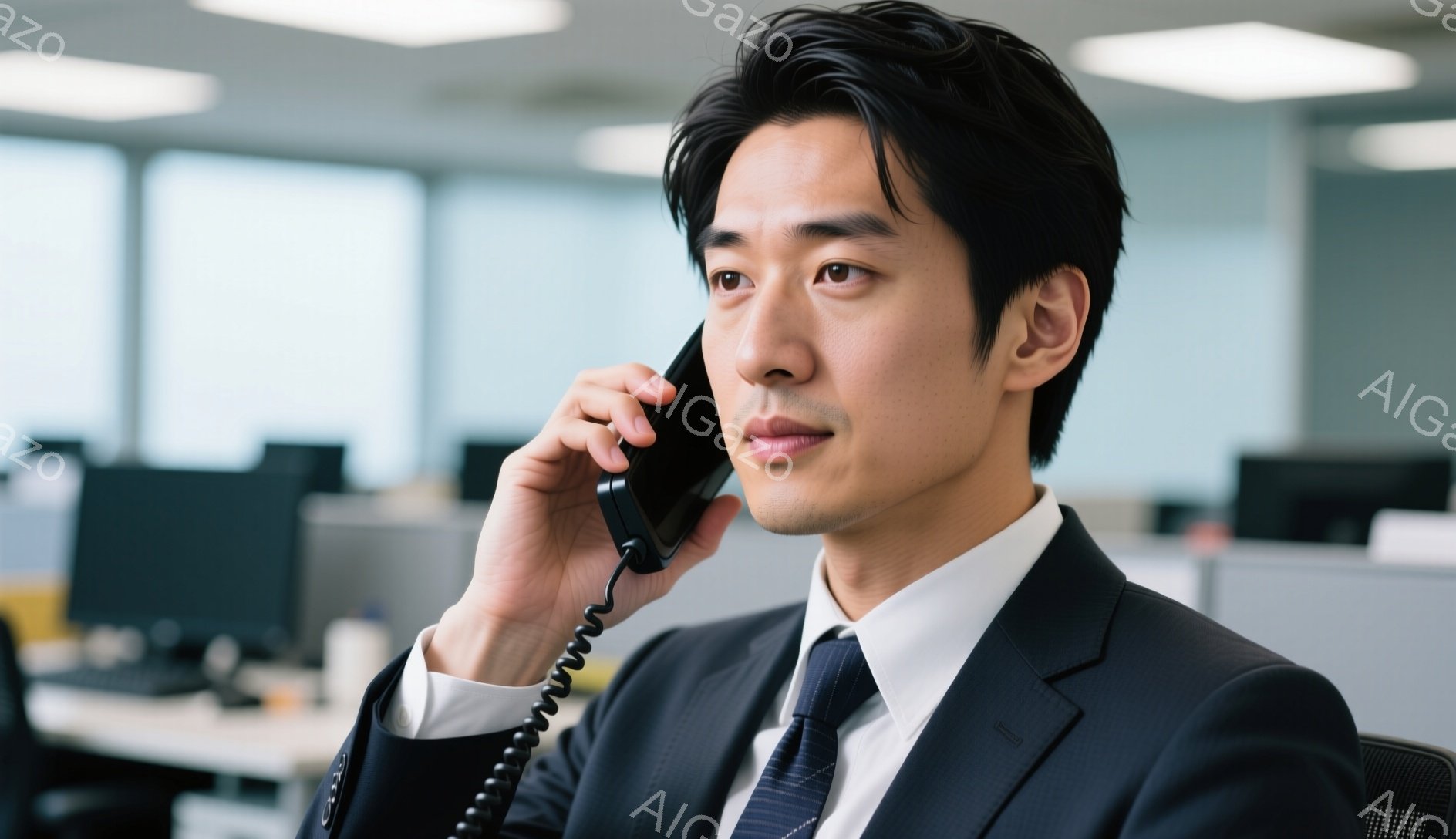 紺色のスーツにネクタイを締めた男性が、黒い受話器で電話をしている様子が写っている。彼は少し微笑んでおり、真剣な表情で電話に応じているように見える。背景にはオフィス内のデスクやパソコンがぼやけて写り込み、ビジネスシーンを連想させる落ち着いた雰囲気である。