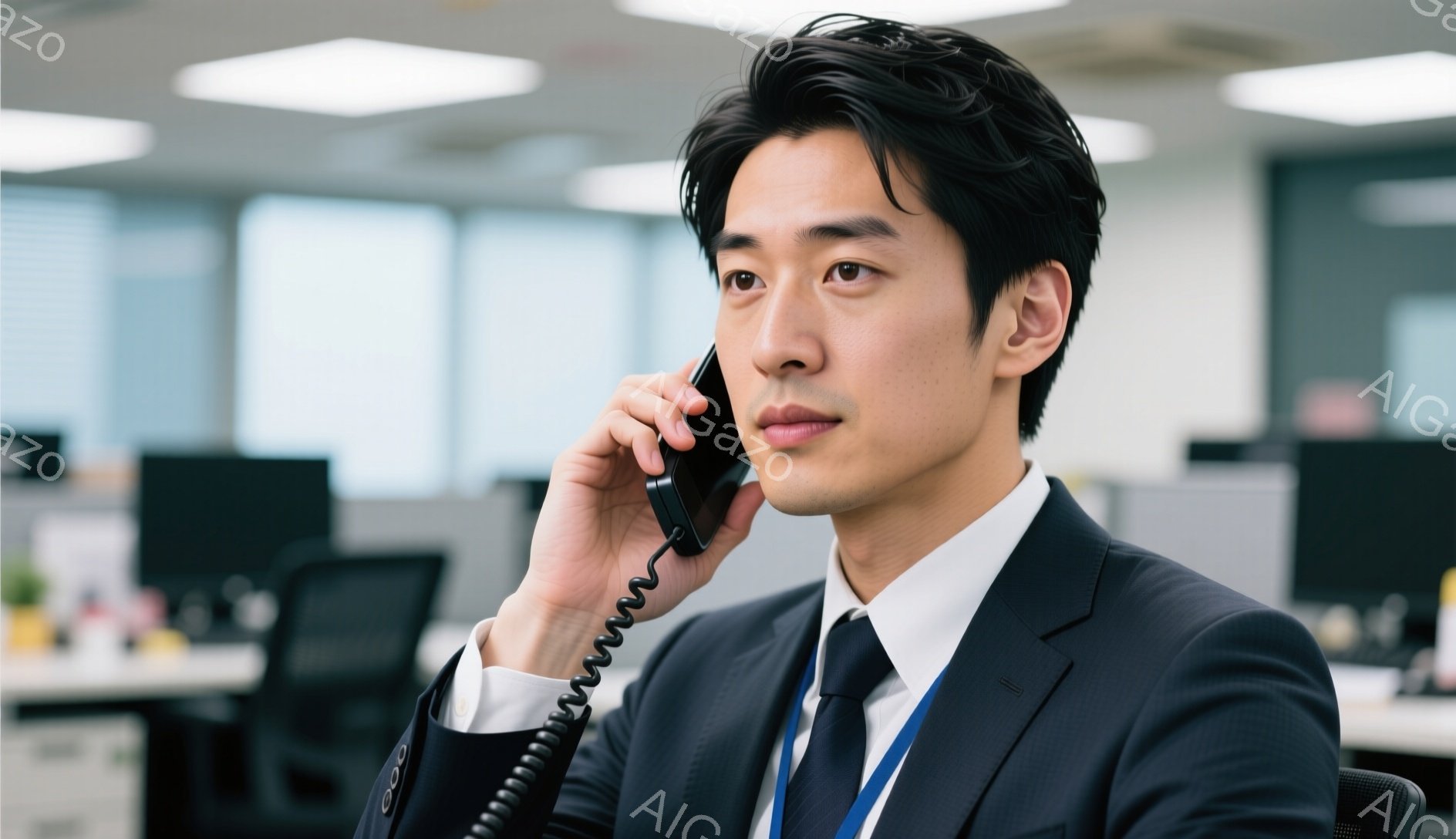 スーツを着た男性が電話をしており、真剣な表情で受話器を見つめている。彼の髪型は短く整えられ、ネクタイは締まっている。背景はオフィスで、他のデスクや社員が見え、全体的にビジネスライクでプロフェッショナルな雰囲気である。