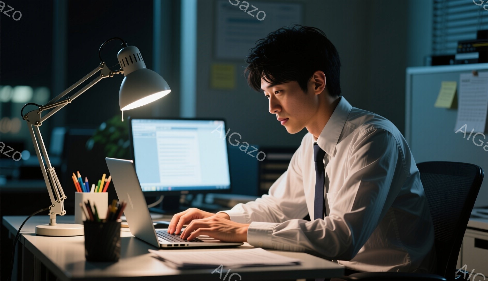彼は白いシャツにネクタイ姿で、キーボードに向かって真剣な表情でタイピングしている。デスクにはペン立てやカラフルなペンが置かれ、背後にはモニターと書類がわずかに見える。暖色系のデスクライトが彼を照らし、夜遅くにオフィスで働く集中した雰囲気が漂っている。