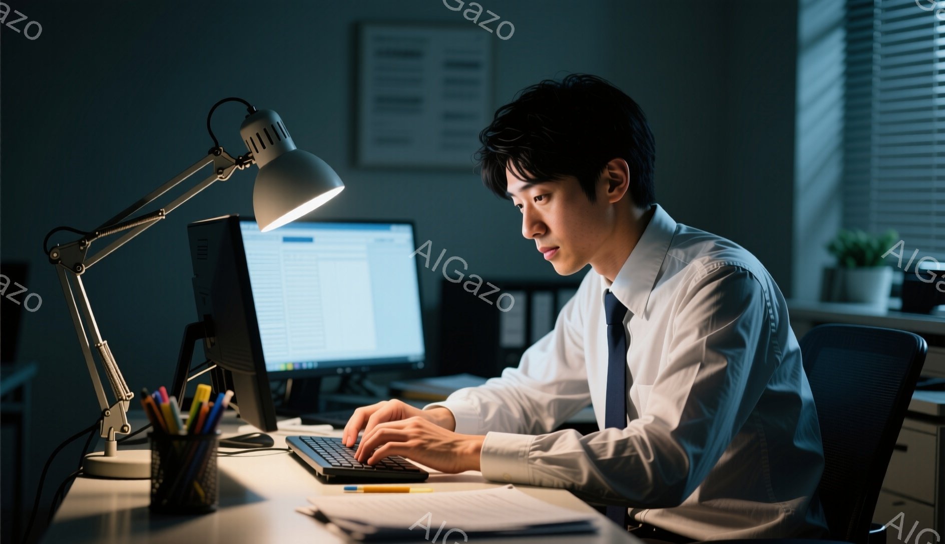 彼は白いシャツとネクタイを着用し、黒髪を短く整えています。集中した表情でパソコンのキーボードを操作しており、姿勢はやや前かがみです。背景には書類やペン立て、観葉植物が見え、薄暗い室内で夜遅くまで仕事をしている雰囲気が漂っています。