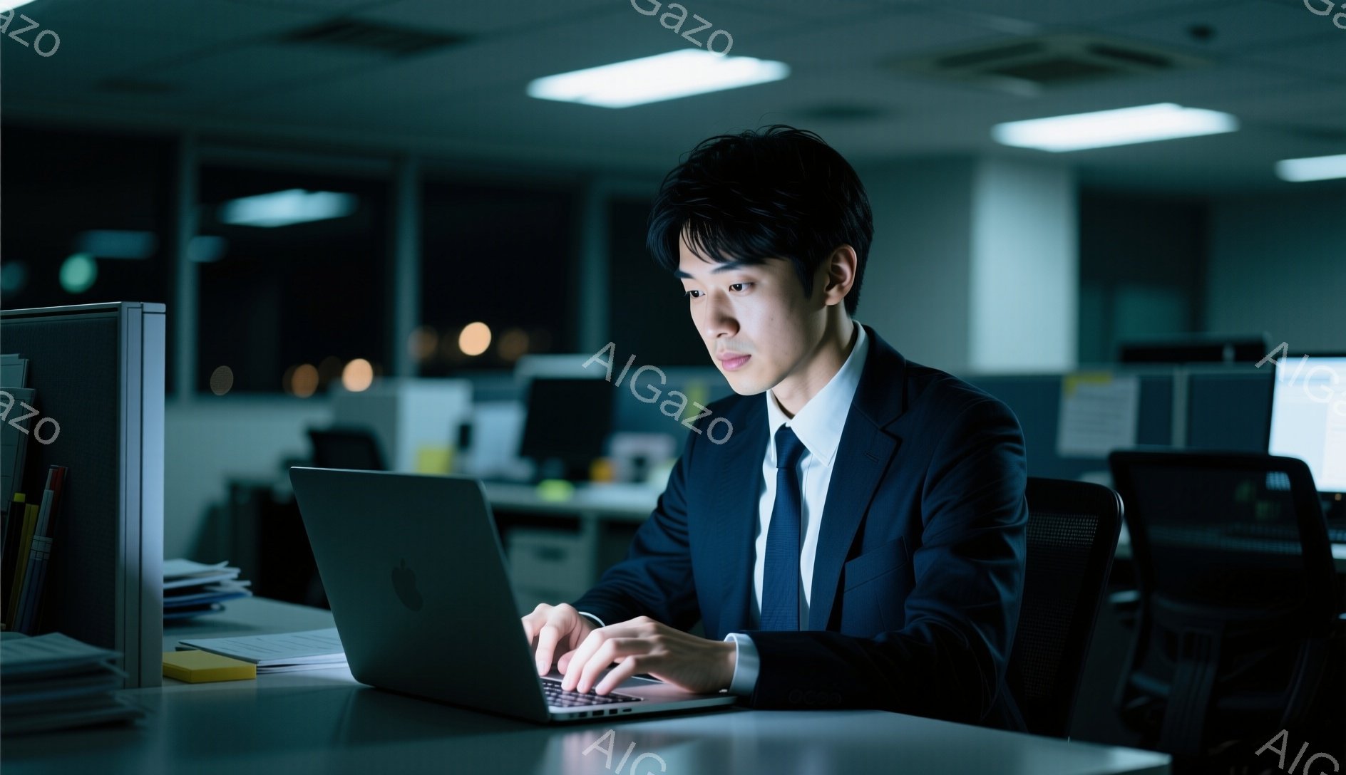 スーツを着た若い男性が、オフィスでノートパソコンに向かって作業している。彼は真剣な表情でキーボードを叩き、姿勢はやや前かがみになっている。背景はオフィスであり、他のデスクやパソコンが見え、薄暗い照明が夜勤であることを示唆している。