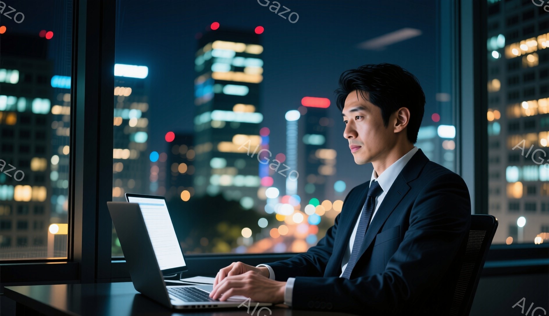 スーツ姿の男性が、夜景を背景にノートパソコンを使用している。彼は黒いジャケットと白いシャツを着用し、短く整髪された髪型で、真剣な表情でキーボードを見つめている。背景には、高層ビル群が光り輝き、都市の夜景が広がっており、室内は落ち着いた雰囲気である。