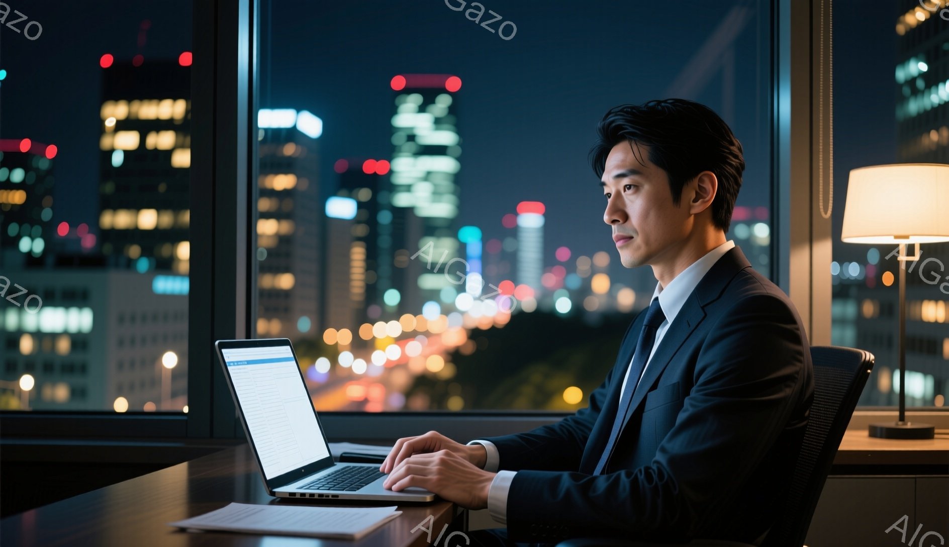 スーツを着たアジア人男性が、夜景を背景にパソコンに向かっている。彼は真剣な表情でタイピングをしており、姿勢は背筋が伸びて几帳面な印象を与える。窓の外には都市の夜景が広がり、多くの光が点滅している。