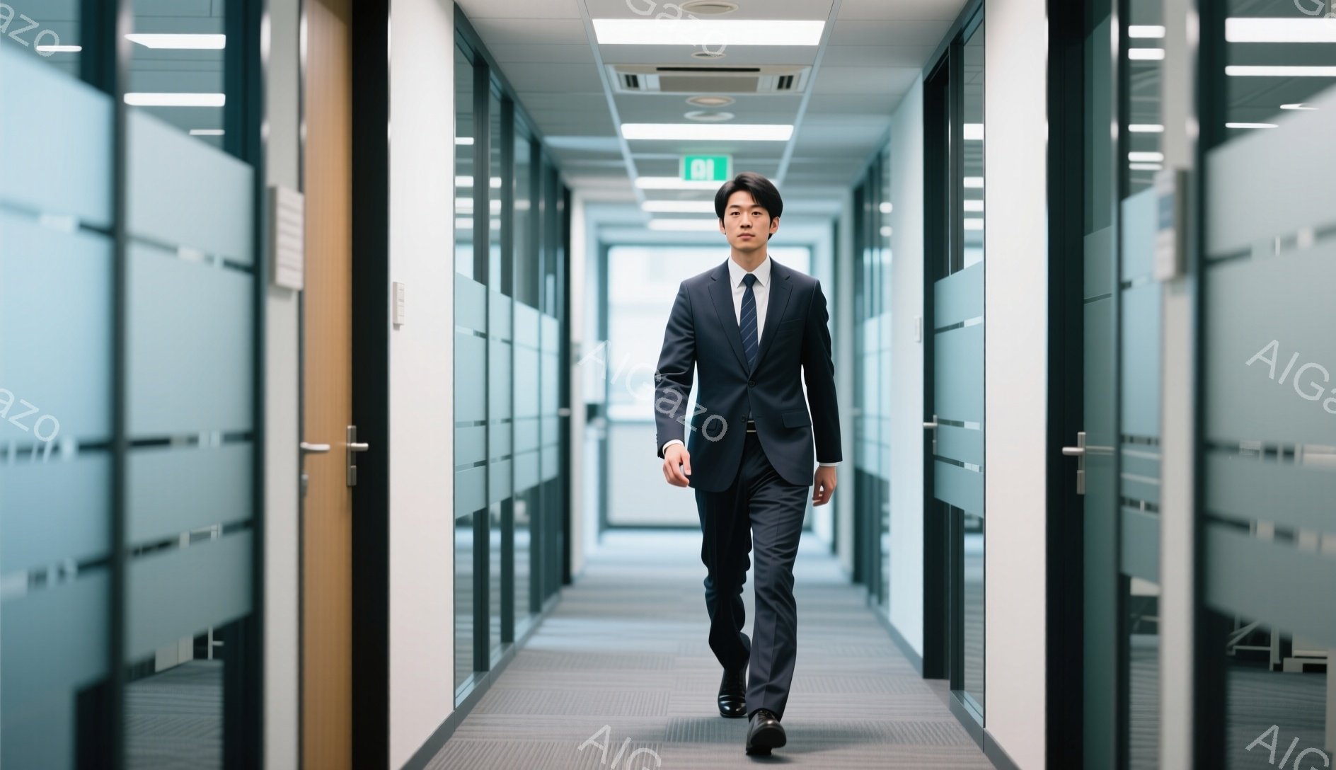若い男性が、廊下を堂々と歩いている。濃いグレーのスーツに、明るいブルーのネクタイを合わせ、黒い革靴を履いている。廊下はオフィスビルの内部で、白い壁とドアが並び、全体的に清潔でプロフェッショナルな雰囲気が漂っている。