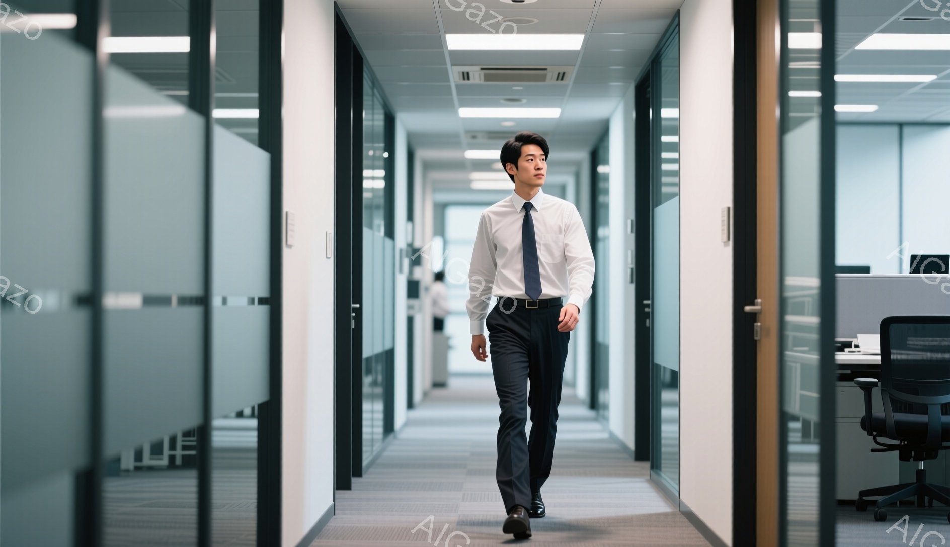 スーツ姿の男性が、オフィス内の廊下を歩いている。紺色のスーツに白いシャツ、ネクタイを締めており、整髪された短髪で、表情は真剣で前を見ている。廊下は明るく、オフィス家具の一部がぼやけて見えるが、全体的に清潔でモダンな雰囲気である。