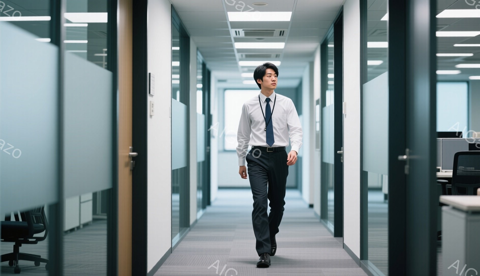 スーツ姿の若い男性が、オフィス内の廊下を歩いている。彼は白いシャツにネクタイ、濃いグレーのパンツ、黒い靴を履いており、髪は短く整えられている。廊下はガラス張りのオフィスに囲まれ、現代的で落ち着いた雰囲気が漂っている。