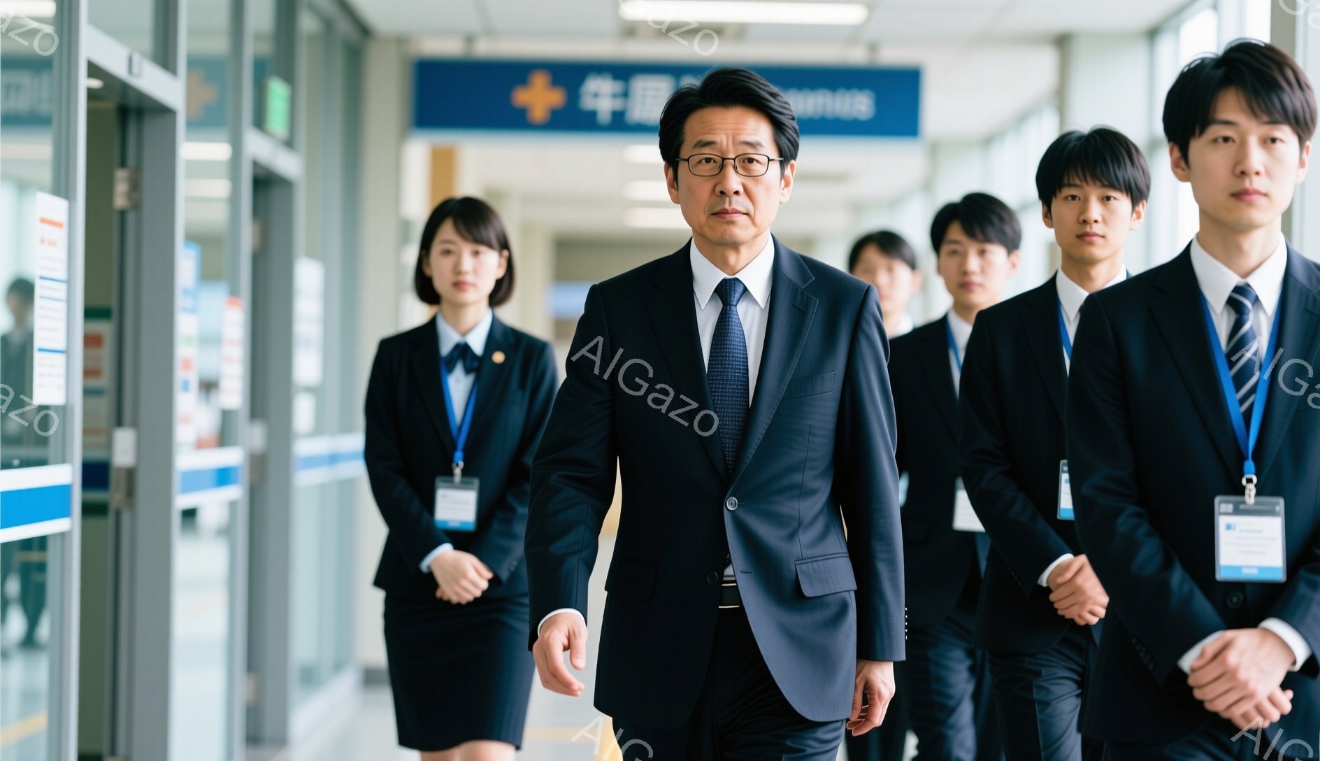 画像には、紺色のスーツを着た男性が複数写っており、先頭の男性はカメラの方を向き、自信に満ちた表情をしています。全員が白いシャツとネクタイを着用し、身分証明書のようなものを首から下げています。背景は、オフィスや公共施設の内部のような、明るく清潔な廊下で、全体的にビジネスシーンや権威的な雰囲気を醸し出しています。