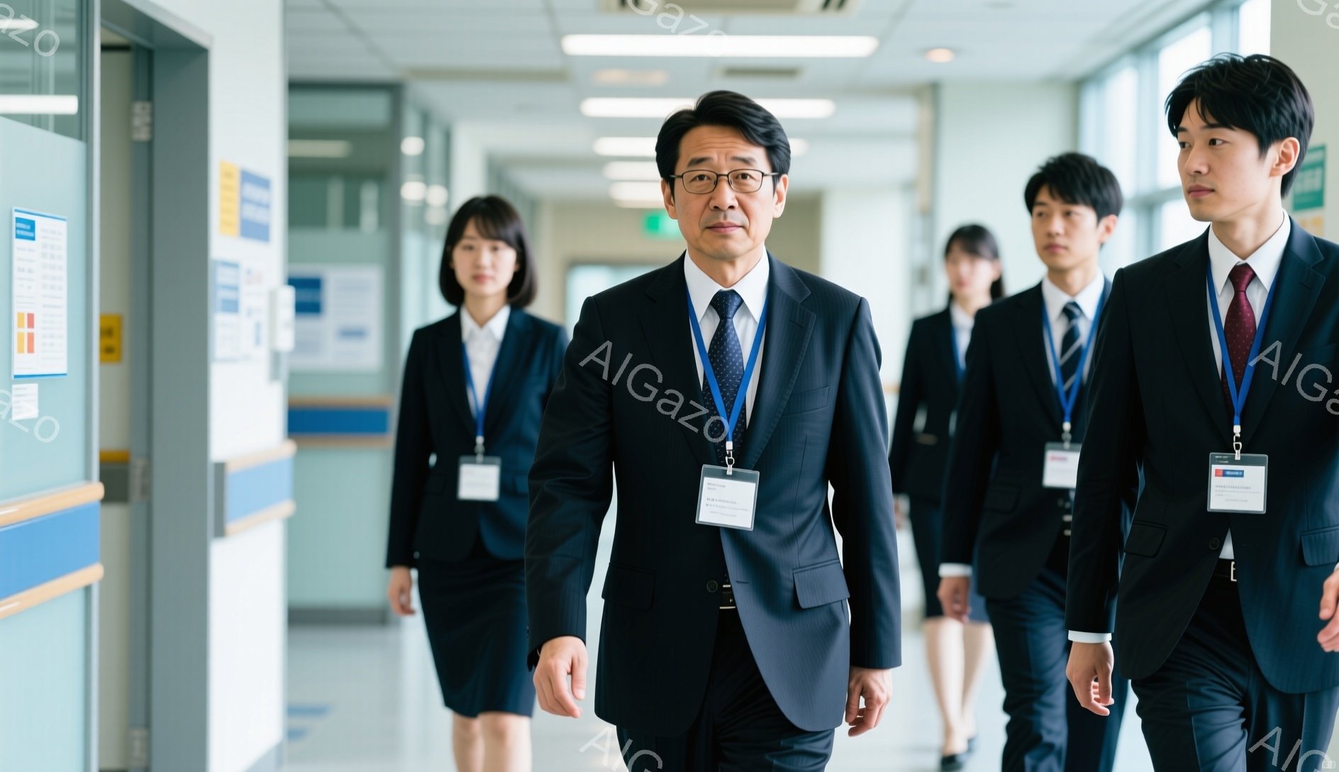 この画像には、廊下を歩くビジネスマンとビジネスウーマンが写っています。彼らは皆、黒いスーツ、白いシャツ、ネクタイ（またはリボン）を着用し、身分証明書のような名札をつけています。廊下は白く、清潔で、壁にはポスターが貼られており、全体的に真剣でプロフェッショナルな雰囲気が漂っています。