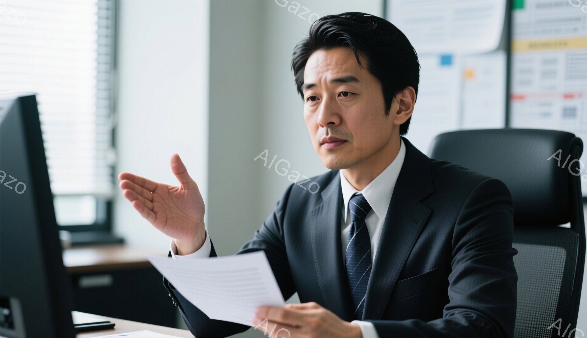 スーツを着た中年男性が、オフィスで書類を手に何かを説明している様子だ。彼は少し真剣な表情で、片手を広げ、身振り手振りで言葉を強調している。背景にはオフィス内のデスクや椅子、そしてわずかに見える書類などが写っており、全体的にビジネスライクな雰囲気である。