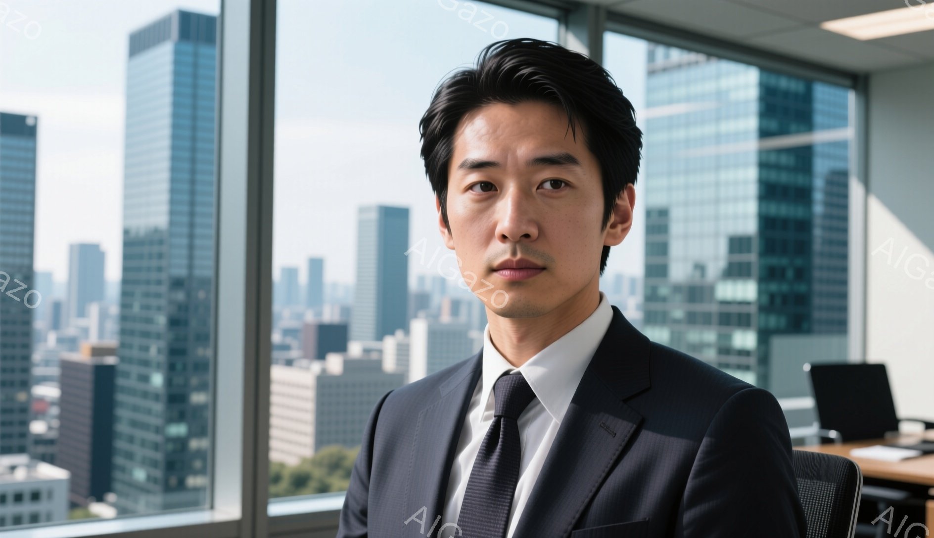 この男性は、紺色のスーツに白いシャツとネクタイ姿で、オフィスらしき場所で座っています。彼の表情は穏やかで、まっすぐカメラを見つめており、髪型は短く整えられています。背景には高層ビル群が広がり、晴天で明るい雰囲気です。