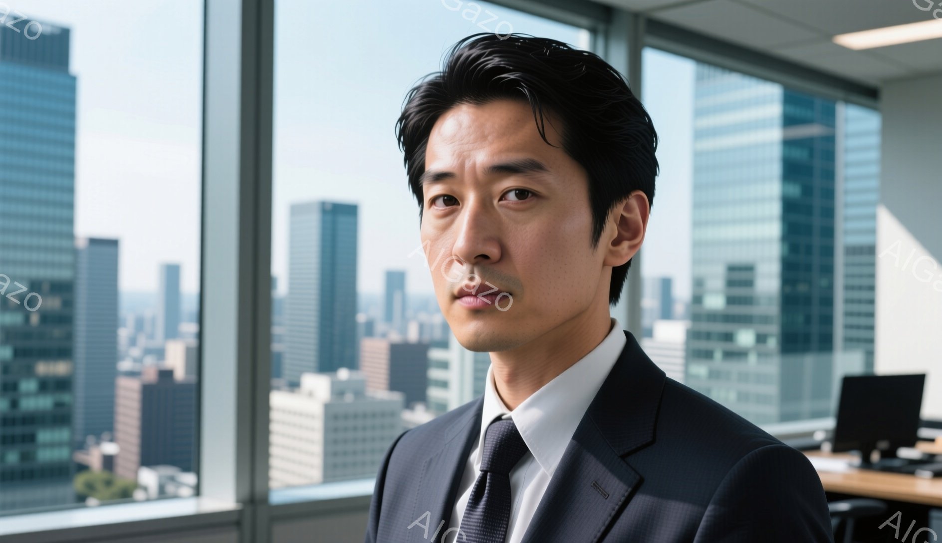 中年の男性が、黒いスーツにネクタイ姿で、やや真剣な表情で正面を見据えている。背景には高層ビル群が広がり、オフィスの一室であることがわかる。光が差し込み、全体的に落ち着いた雰囲気だが、男性の表情が緊張感を漂わせている。
