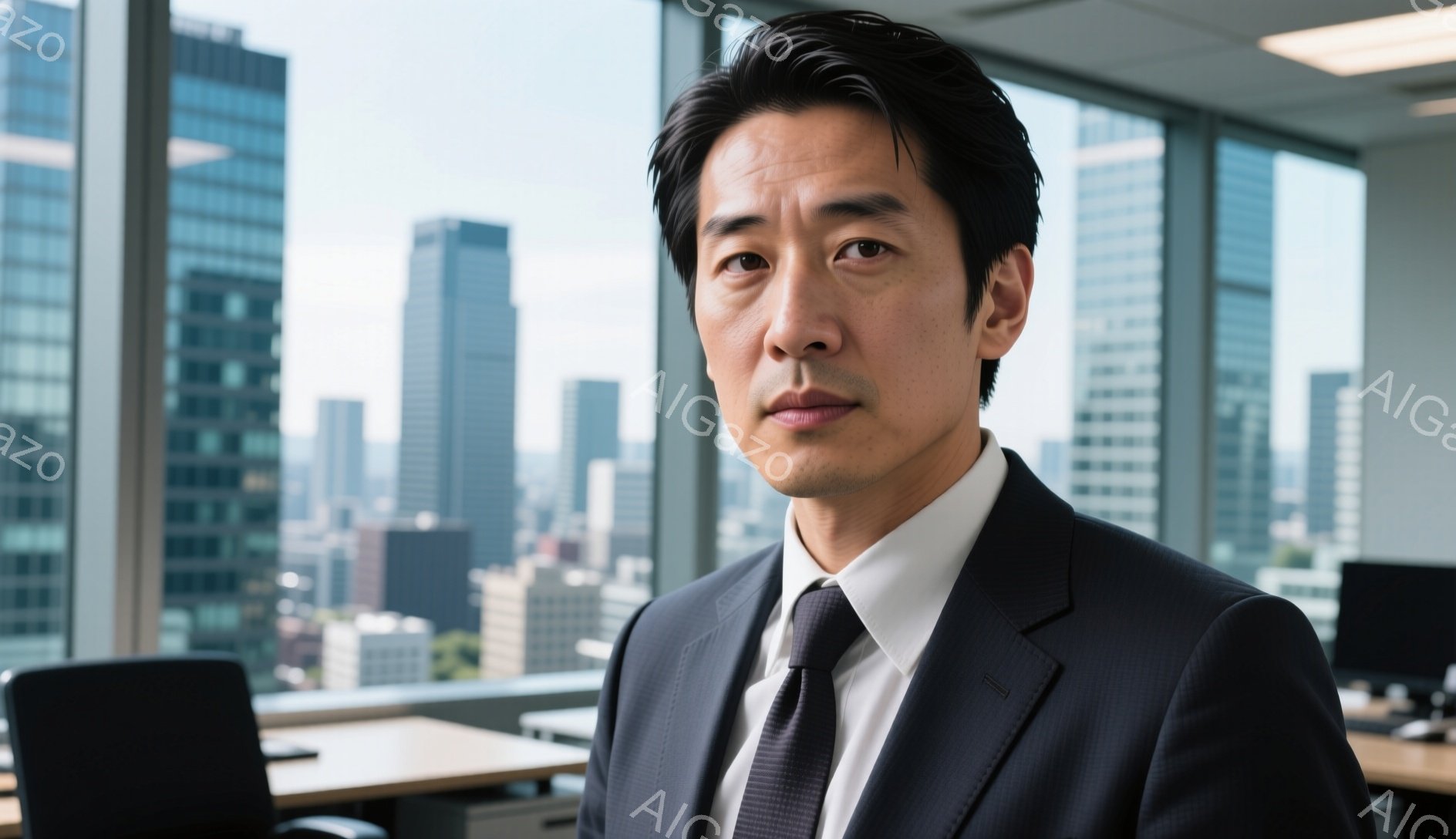 紺色のスーツにネクタイ姿の男性が、オフィスらしき場所でカメラ目線で立っている。彼の表情は落ち着いており、やや真剣な印象を与える。背景には高層ビル群が広がり、窓から差し込む光が室内を明るく照らしている。