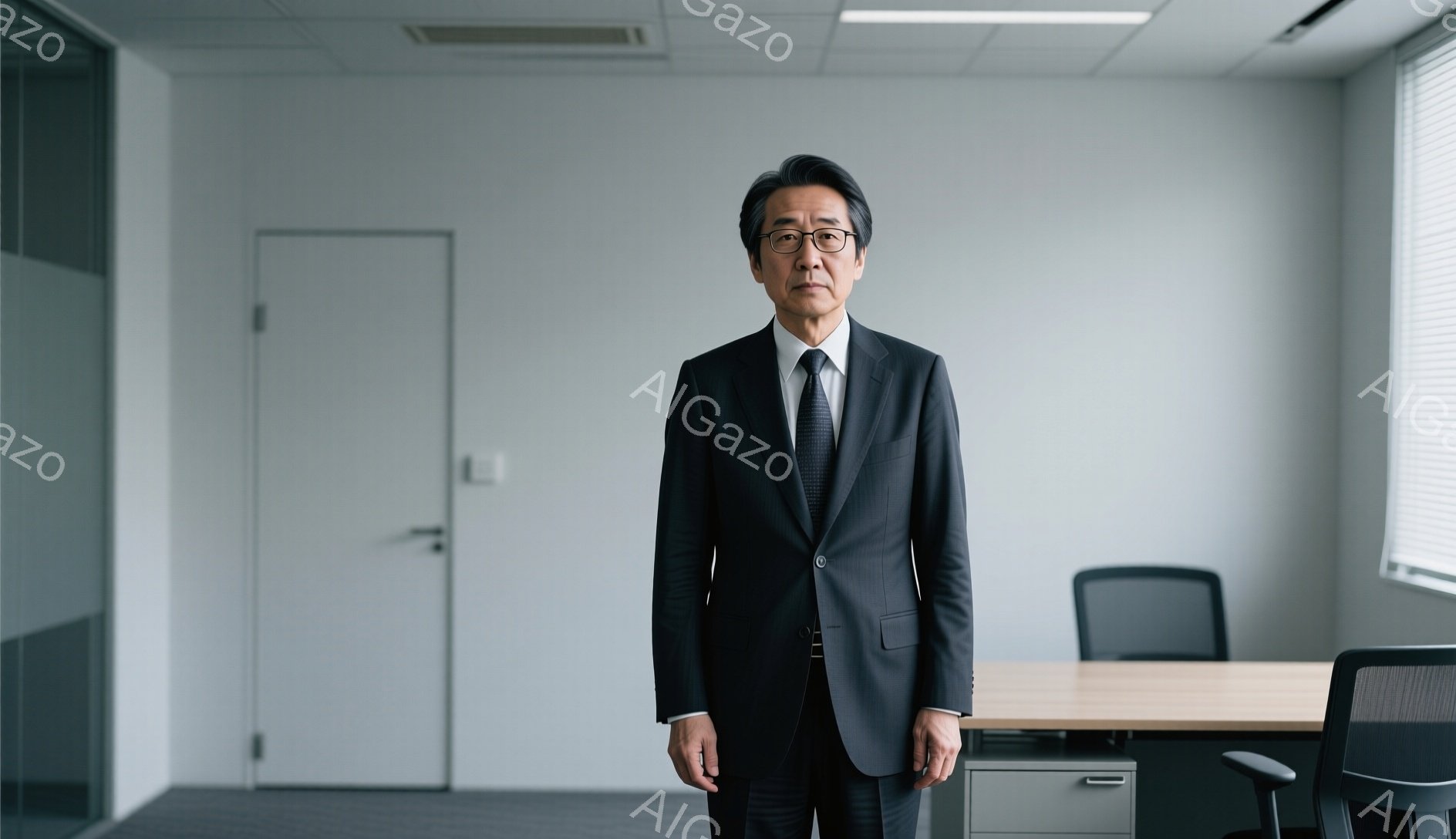 年配の男性が、白を基調としたオフィスでスーツ姿で立っている。彼は黒い縁の眼鏡をかけ、落ち着いた表情で正面を見つめている。背景には、引き戸の入った壁と、オフィス家具が見え、全体的に静かでフォーマルな雰囲気が漂っている。