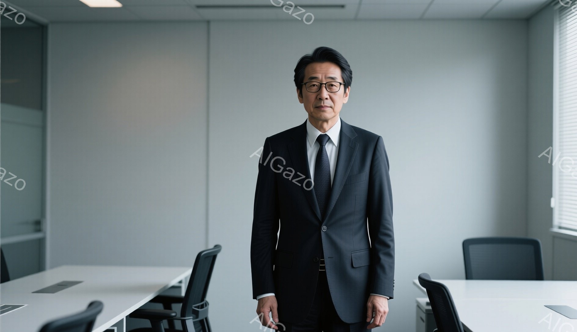 中年の男性が、黒いスーツと白いシャツ、黒いネクタイを着用し、黒縁の眼鏡をかけて立っている。彼はやや真剣な表情で、まっすぐ正面を見据えている。背景は白を基調とした会議室で、テーブルと椅子が並び、窓から自然光が差し込んでいる。